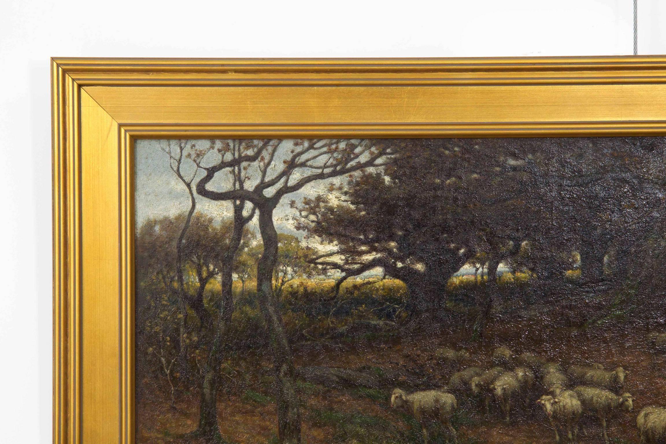 Barbizon Antique Landscape Oil Painting of Shepherd & Flock by Carleton Wiggins 6