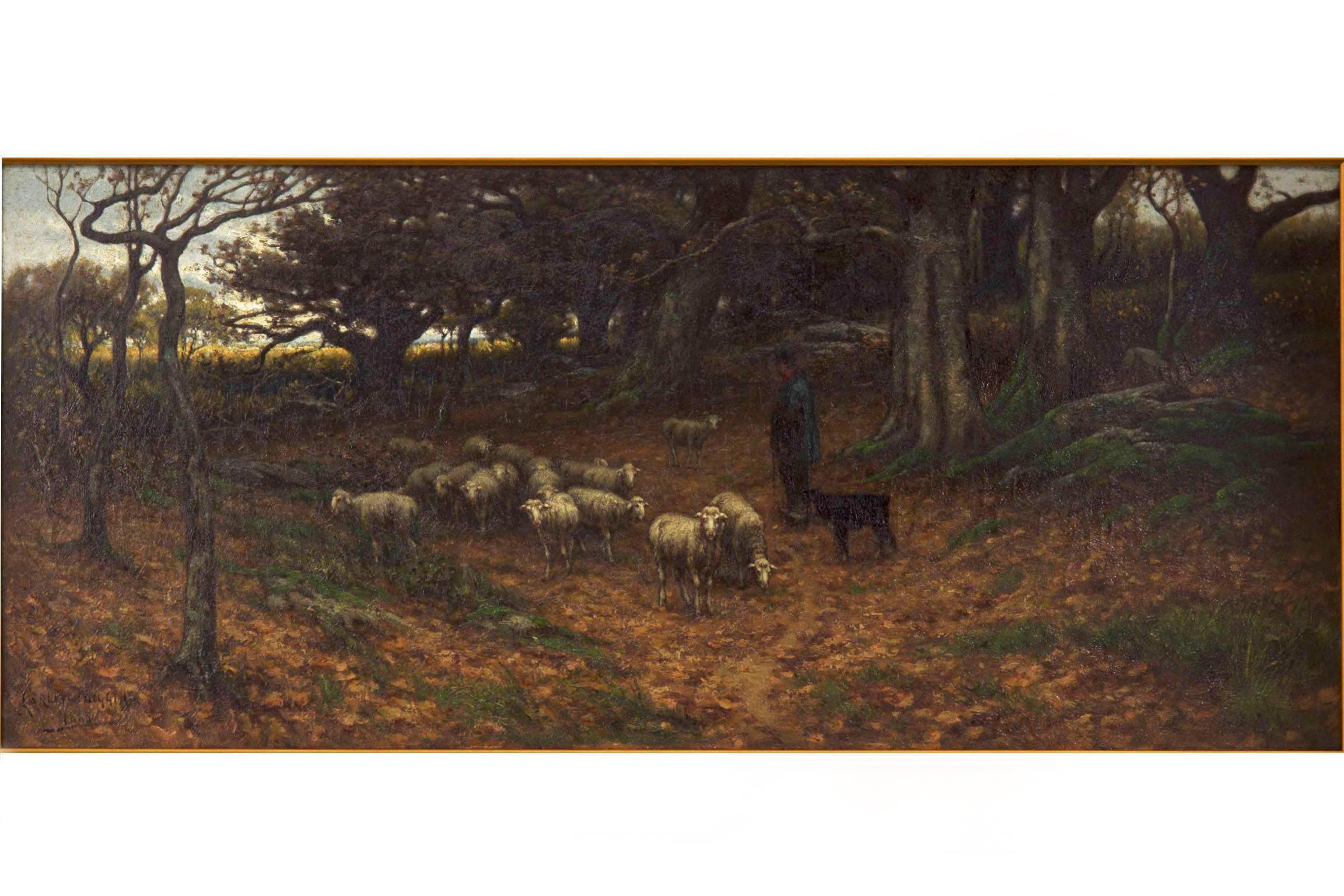 A complex and vivid panorama set in a Normandy forest, this fine painting depicts a Shepherd with his dog watching over a large flock of sheep as they stroll along a leafy path.  Only brief patches of grass poke through the carpeted path while the