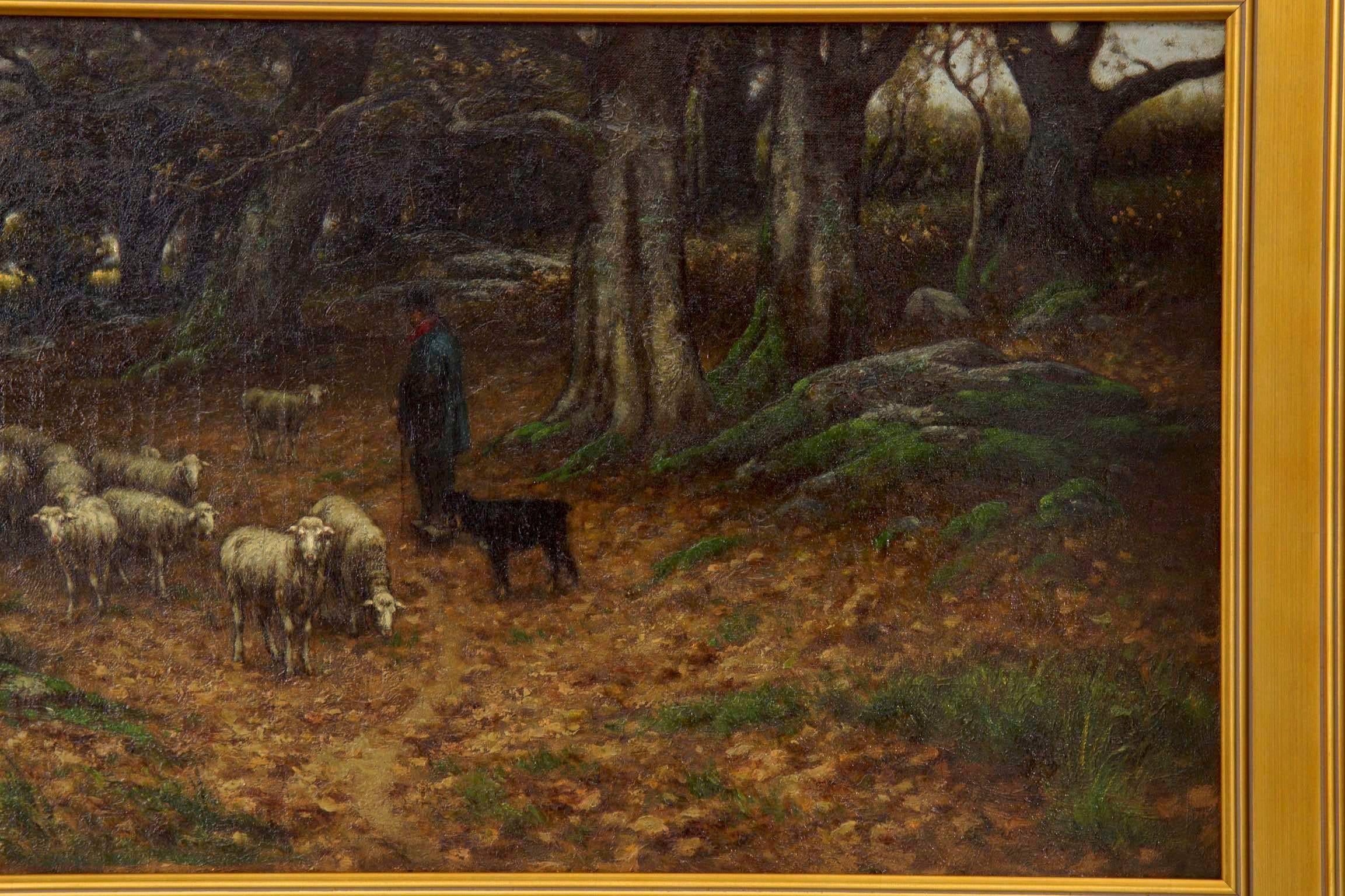 Barbizon School Barbizon Antique Landscape Oil Painting of Shepherd & Flock by Carleton Wiggins