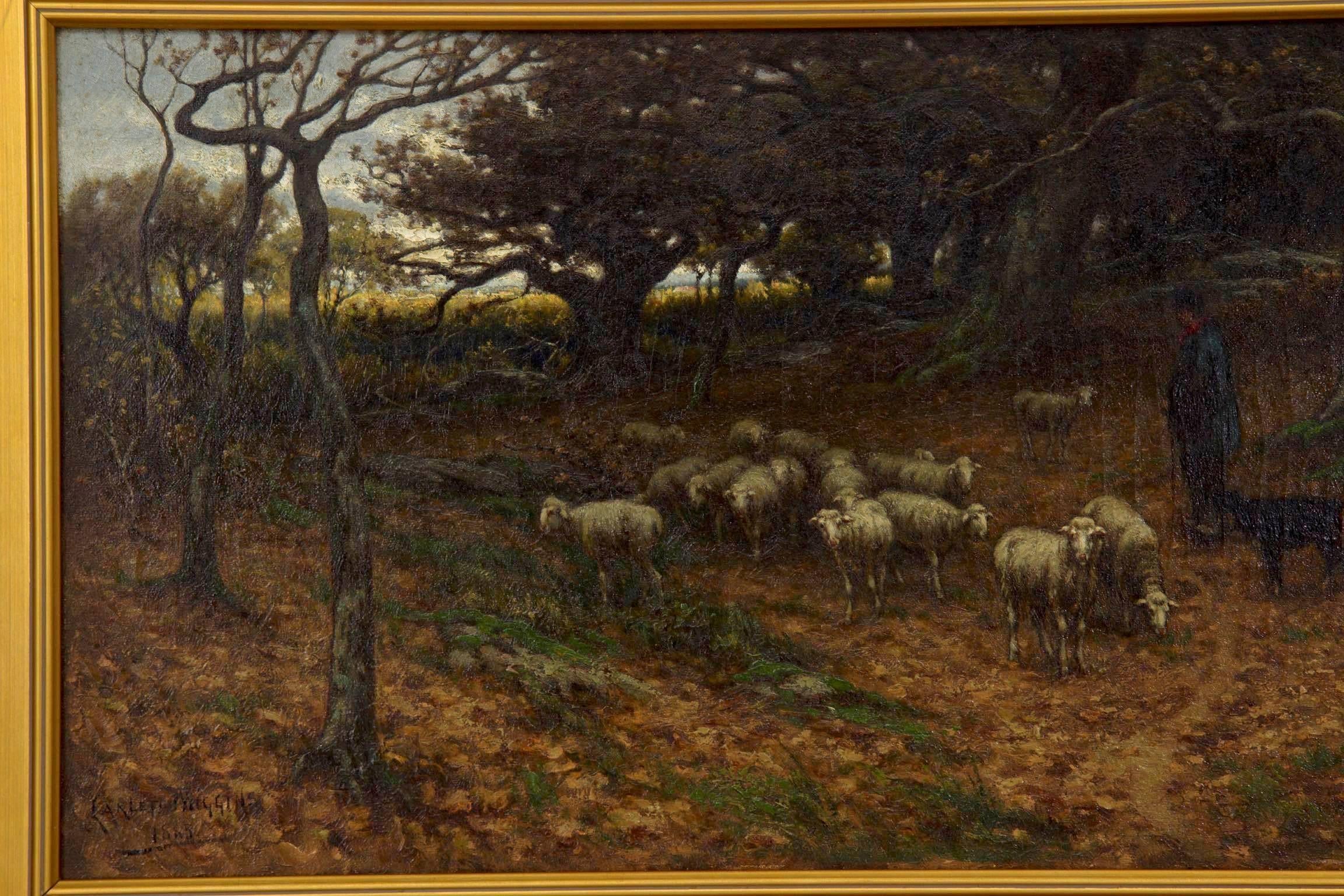 American Barbizon Antique Landscape Oil Painting of Shepherd & Flock by Carleton Wiggins