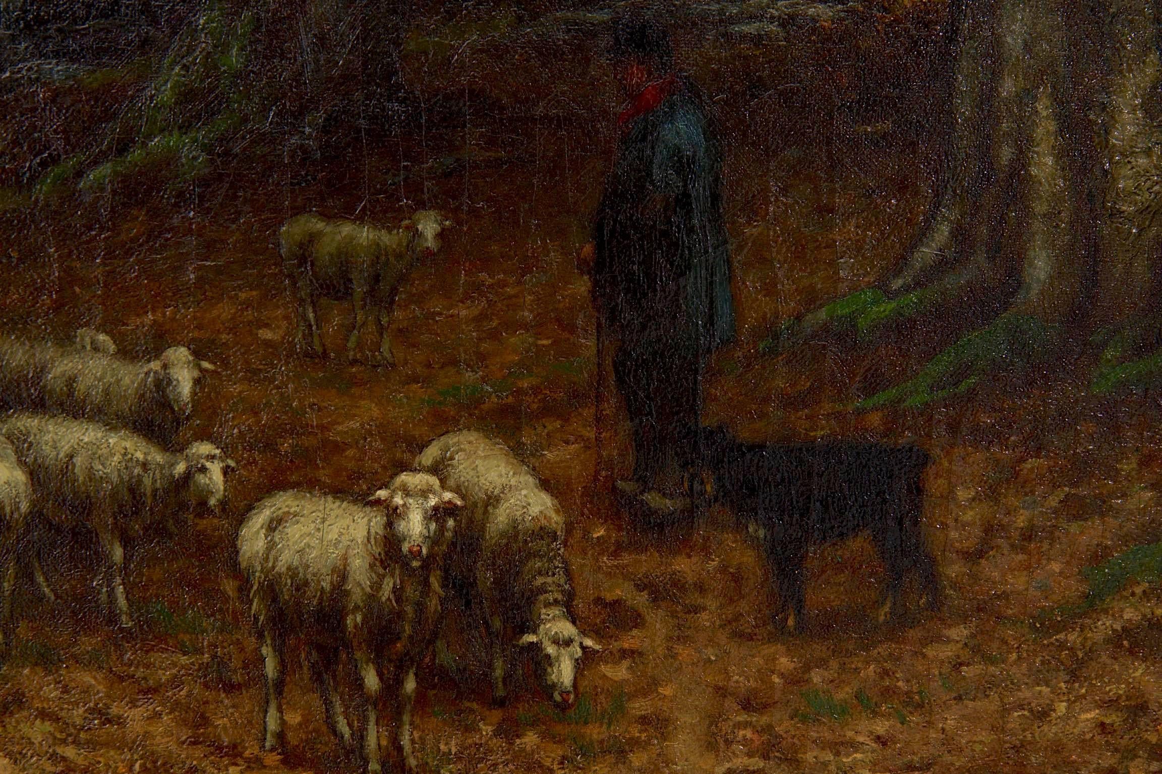 19th Century Barbizon Antique Landscape Oil Painting of Shepherd & Flock by Carleton Wiggins