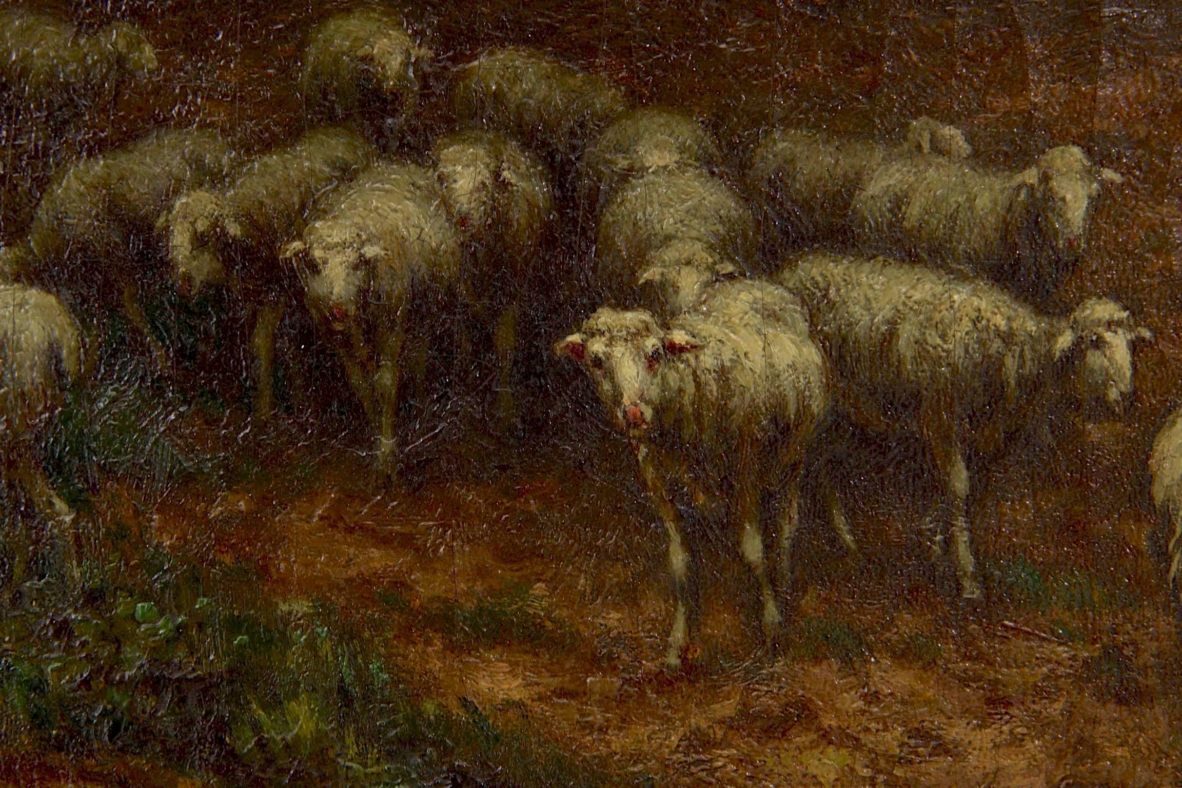 Canvas Barbizon Antique Landscape Oil Painting of Shepherd & Flock by Carleton Wiggins