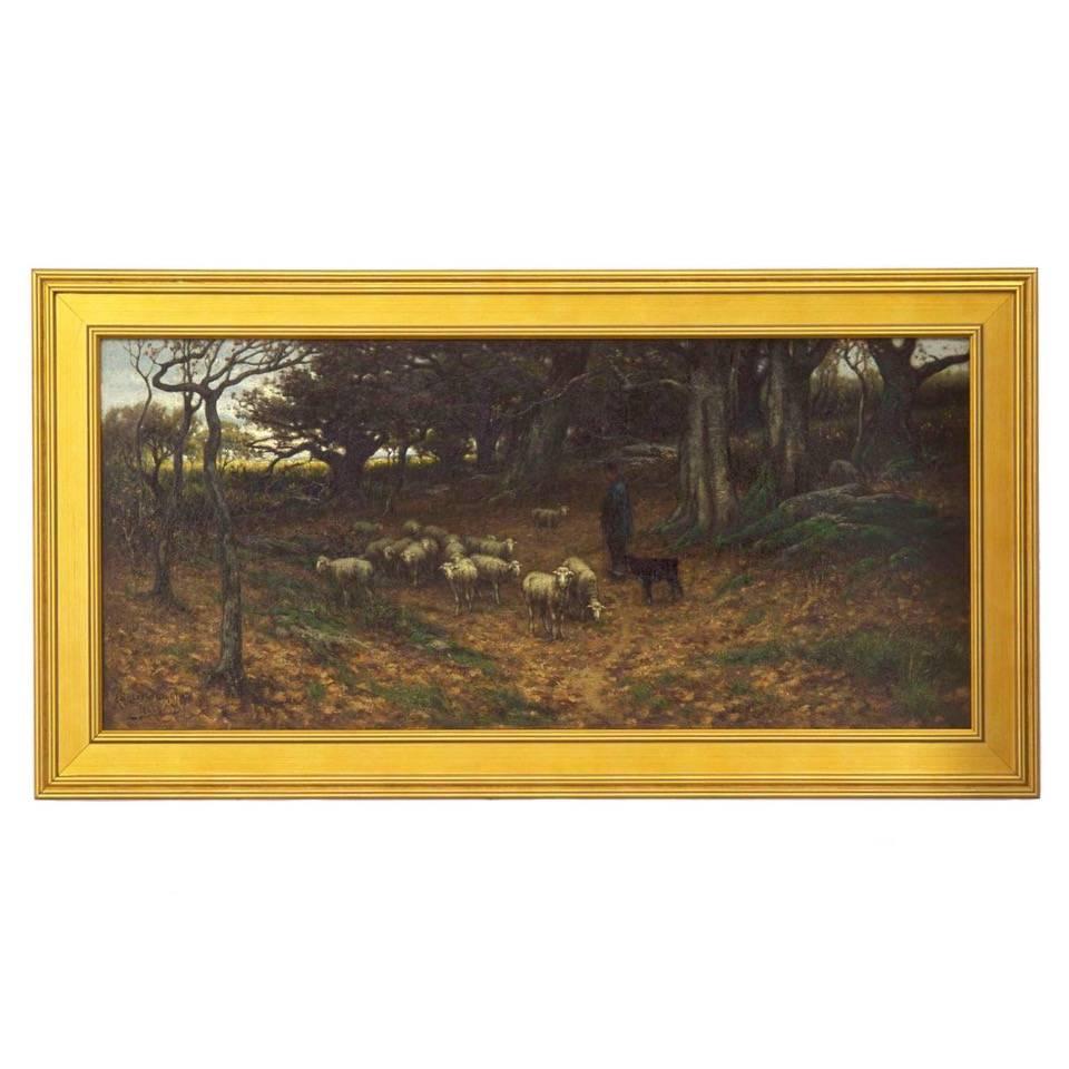 Barbizon Antique Landscape Oil Painting of Shepherd & Flock by Carleton Wiggins