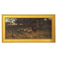 Barbizon Antique Landscape Oil Painting of Shepherd & Flock by Carleton Wiggins