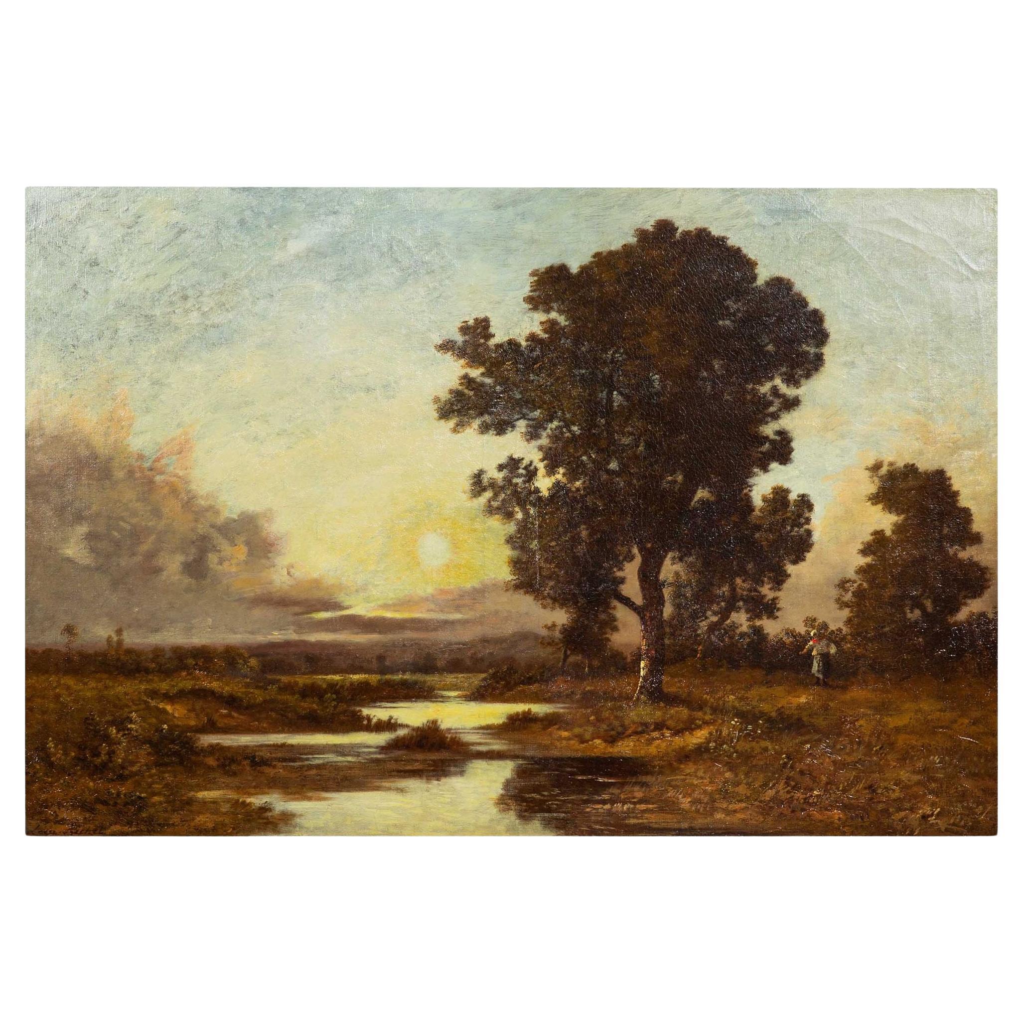 Barbizon Landscape Painting “Gathering Wood at Sunset” by Léon Richet
