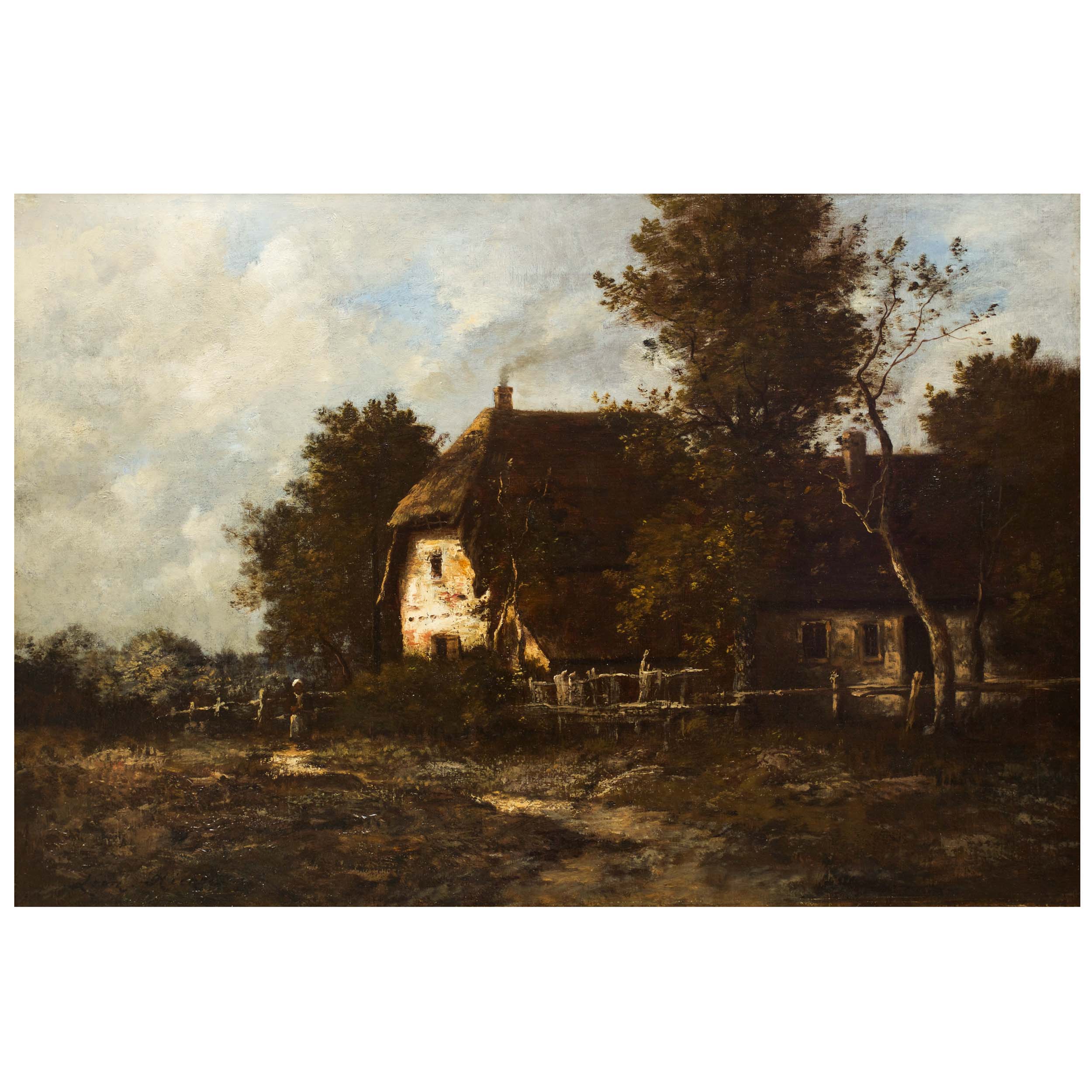 Barbizon Landscape Painting of Farm by Léon Richet, c. 1880