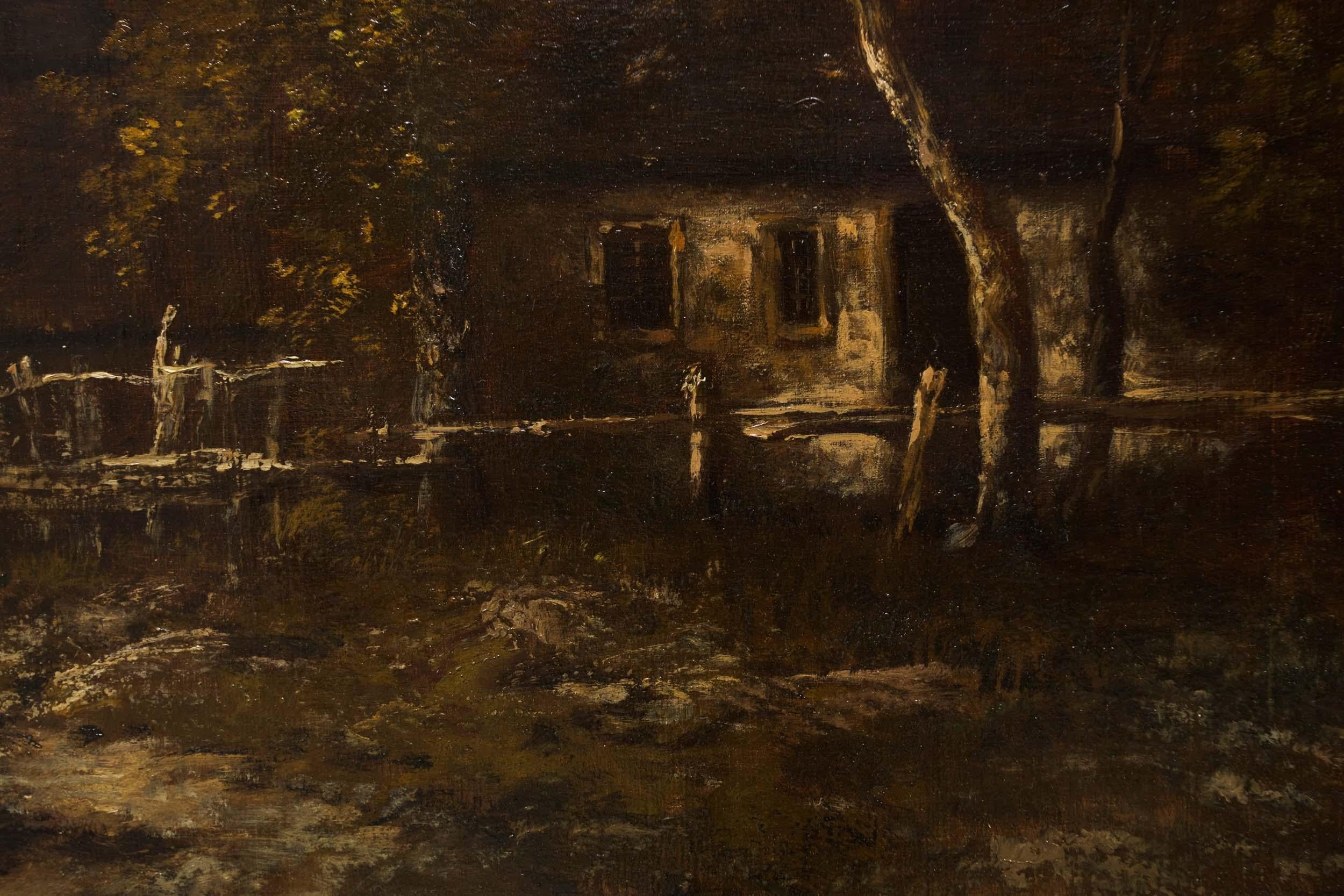 Canvas Barbizon Landscape Painting of Farm by Léon Richet, c. 1880
