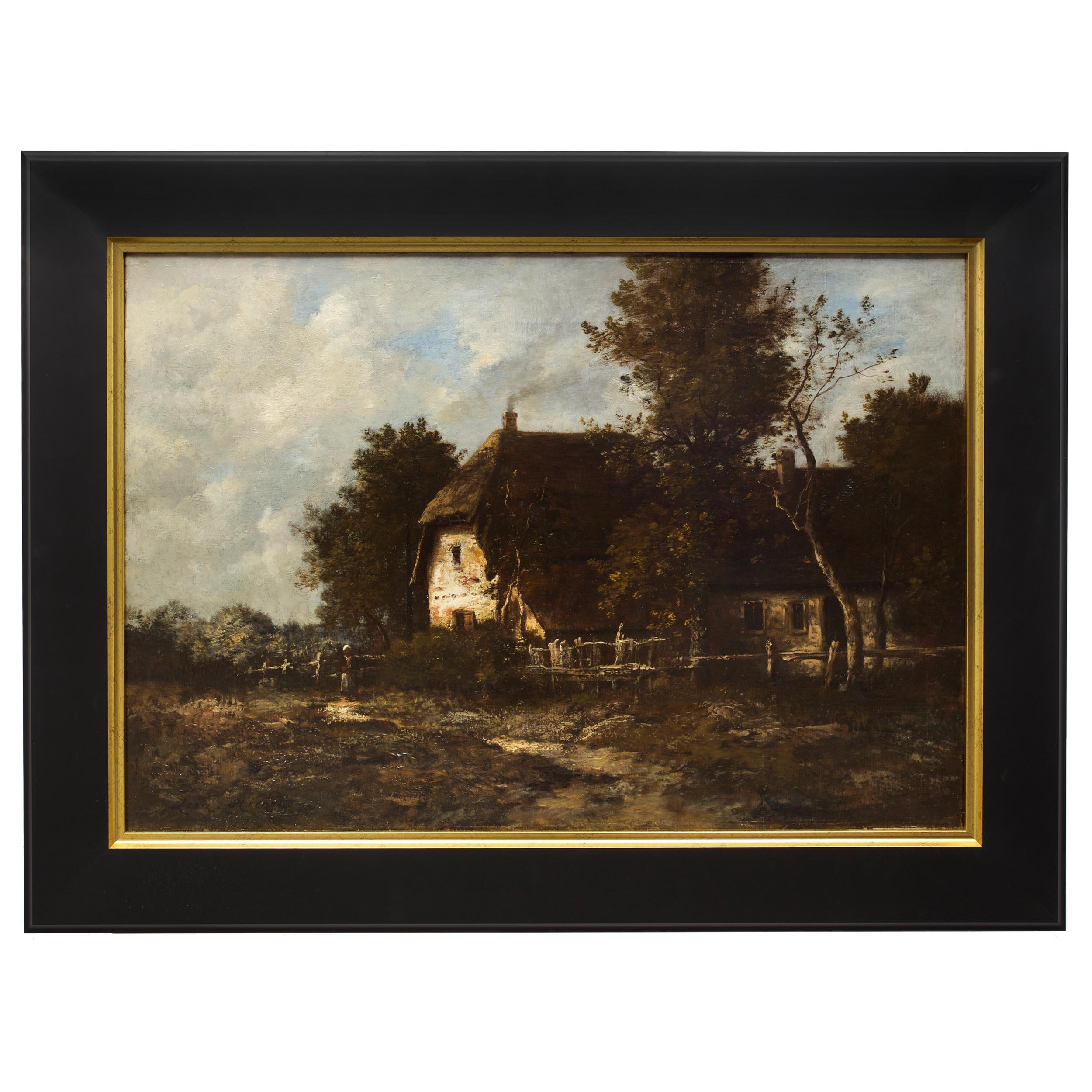A very fine landscape scene of a rural farm house, a dirt path meanders through autumnal grasses before a rickety fence lining the property of the stone and stucco farm house with its thatched roof. A lone peasant woman stands before a group of