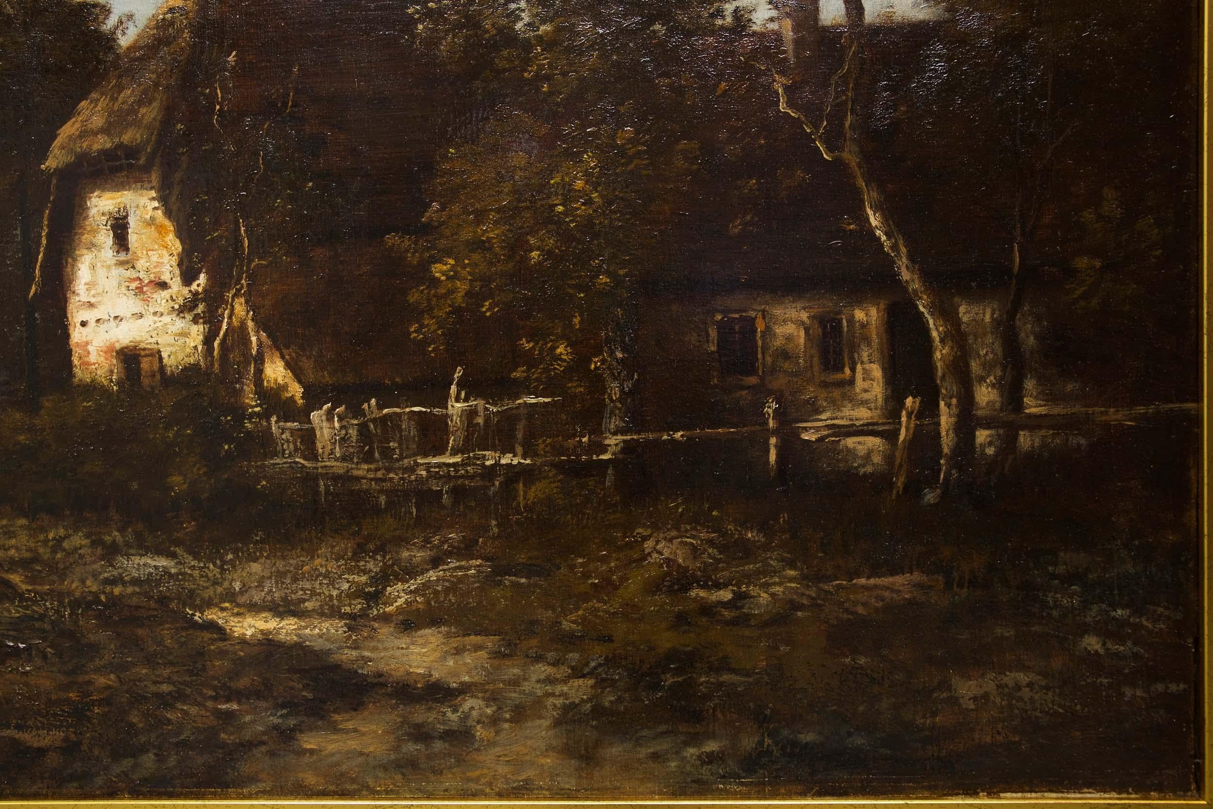 Barbizon School Barbizon Landscape Painting of Farm by Léon Richet, c. 1880