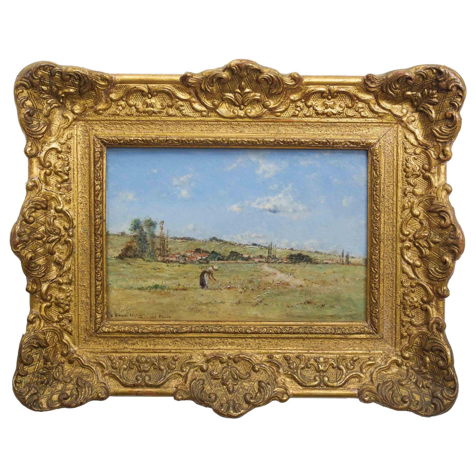 A fine small landscape scene in oil on panel of a lone woman plucking flowers from the cold fields of fall. The complex palette is rich with a mustard hue to the autumnal grasses while the trees and bushes along the horizon are executed in a