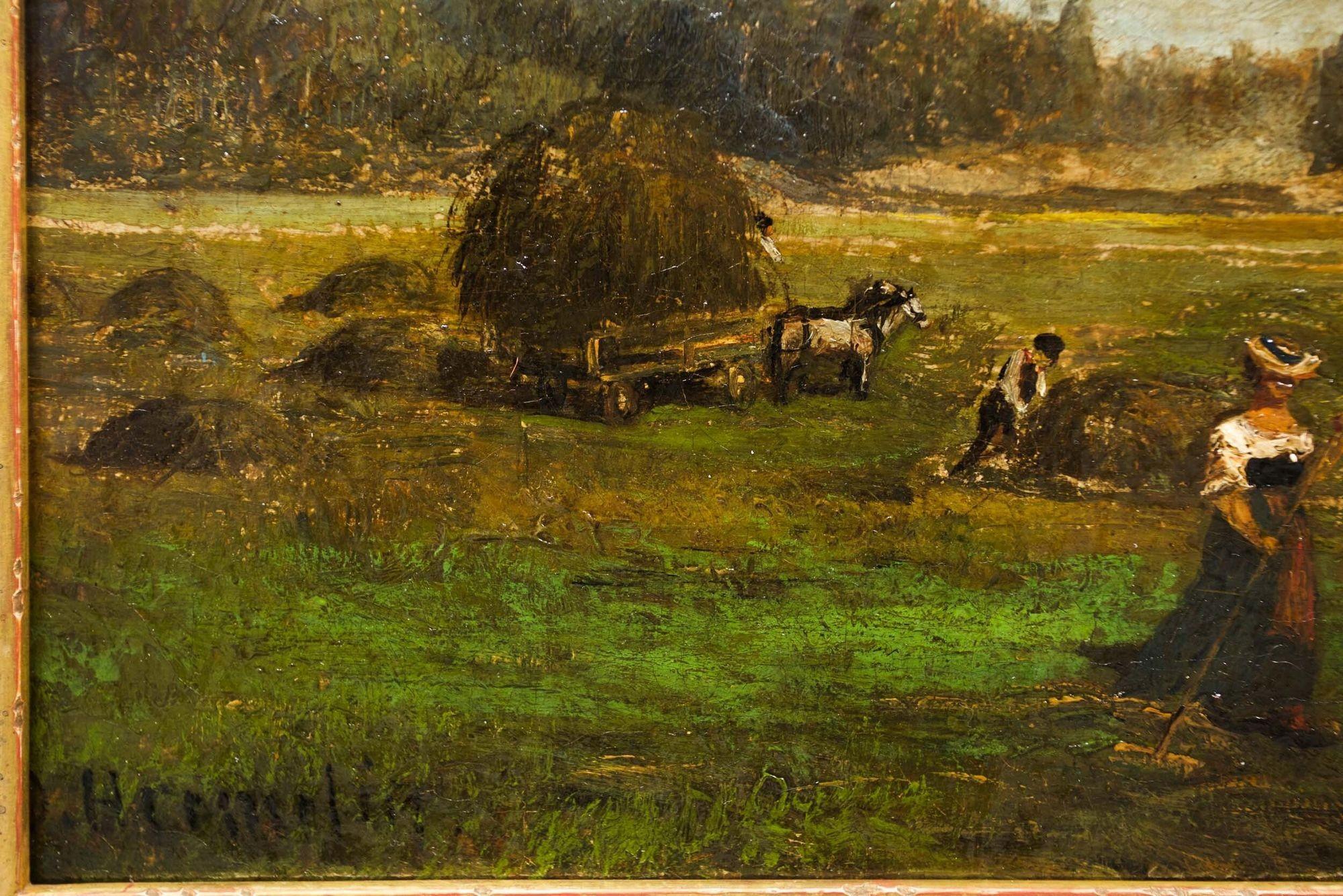 Toile Peinture de paysage de Barbizon de la moisson par Olof Hermelin (suédois, 1827-1913) en vente