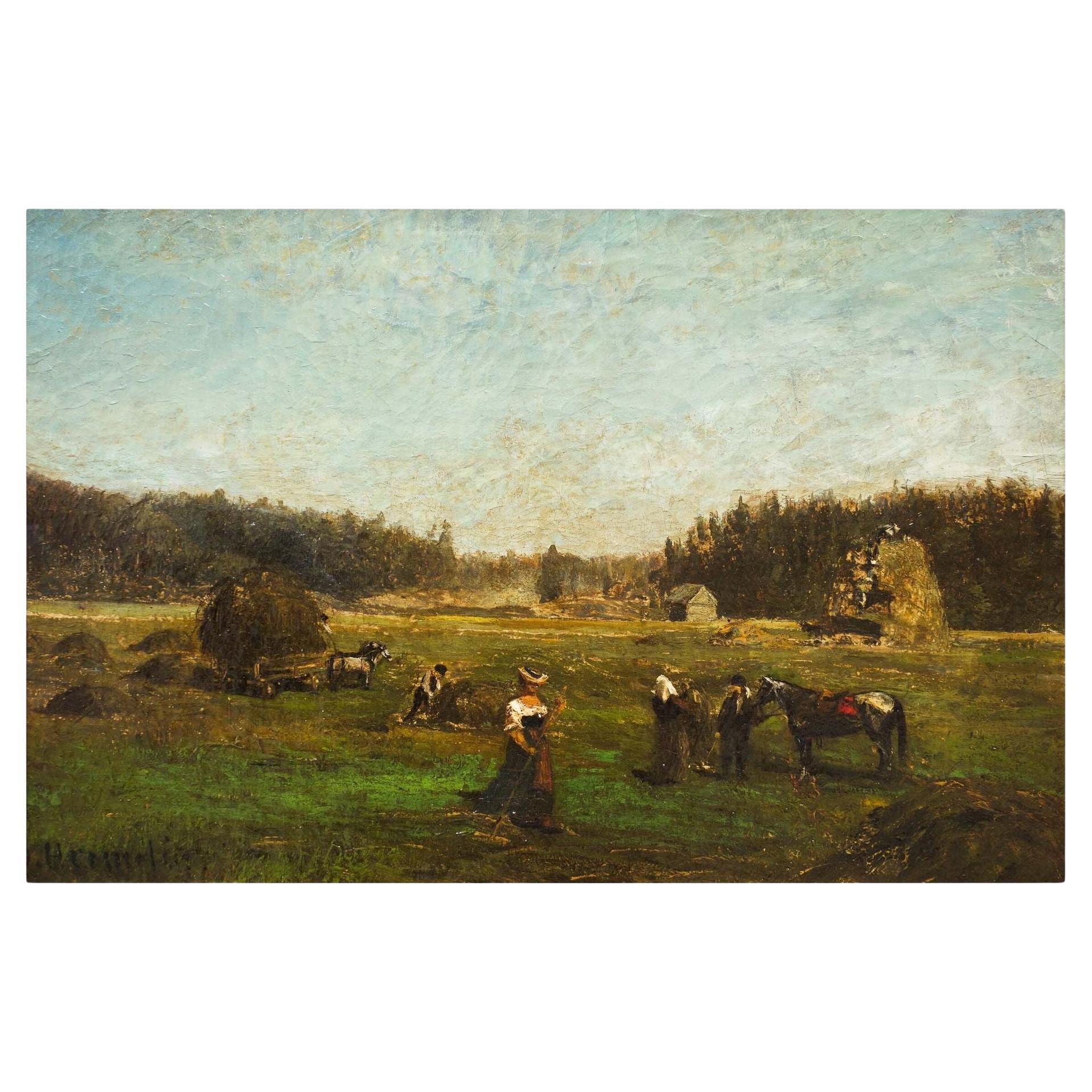 Peinture de paysage de Barbizon de la moisson par Olof Hermelin (suédois, 1827-1913)