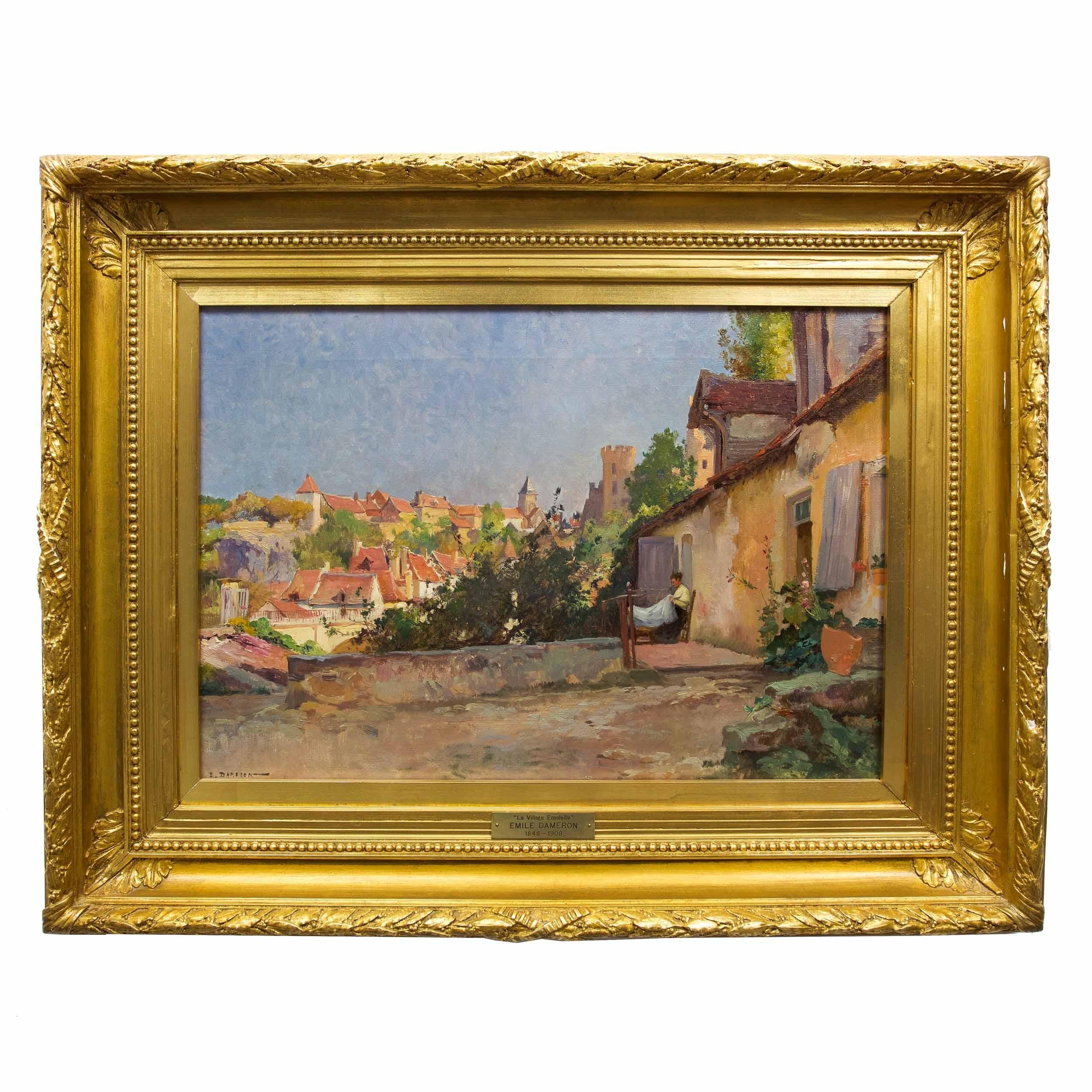 École de Barbizon Peinture à l'huile de Barbizon « Village Ensoleille » d'Émile-Charles Dameron (Français, 184) en vente