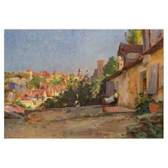 Antique Barbizon Oil Painting "Village Ensoleille" by Emile-Charles Dameron 'French, 184