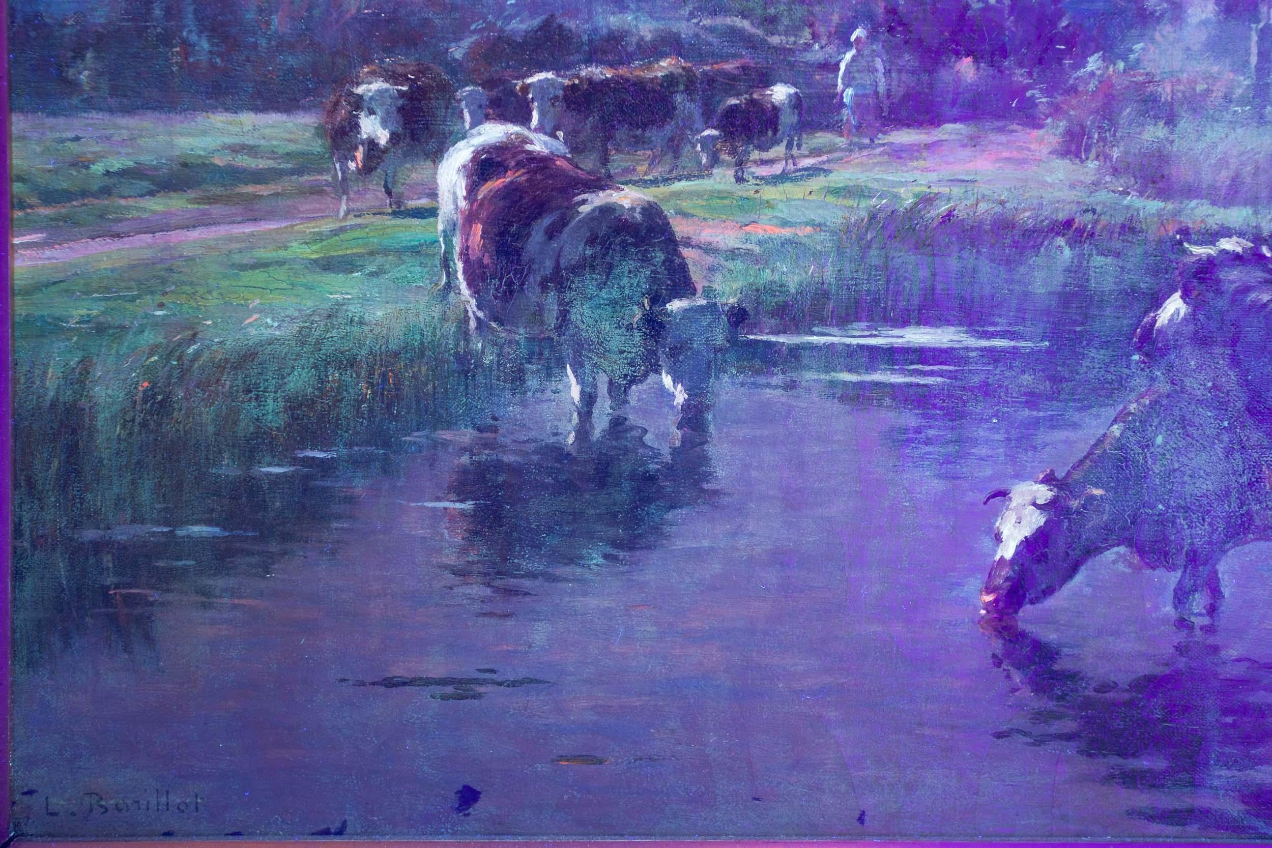 Barbizon Painting of Cows Drinking by Léon Barillot 'French, 1844-1929' 4