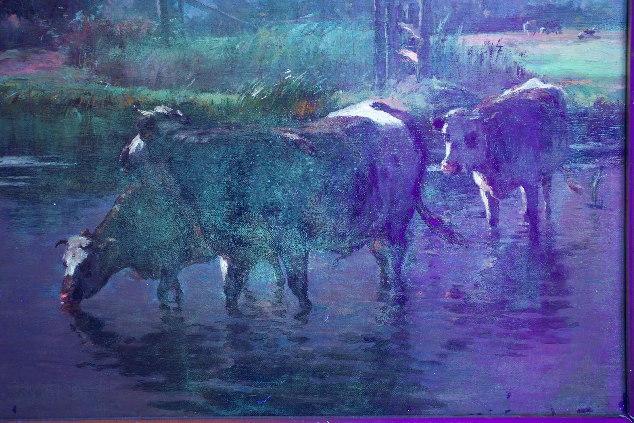Barbizon Painting of Cows Drinking by Léon Barillot 'French, 1844-1929' 7