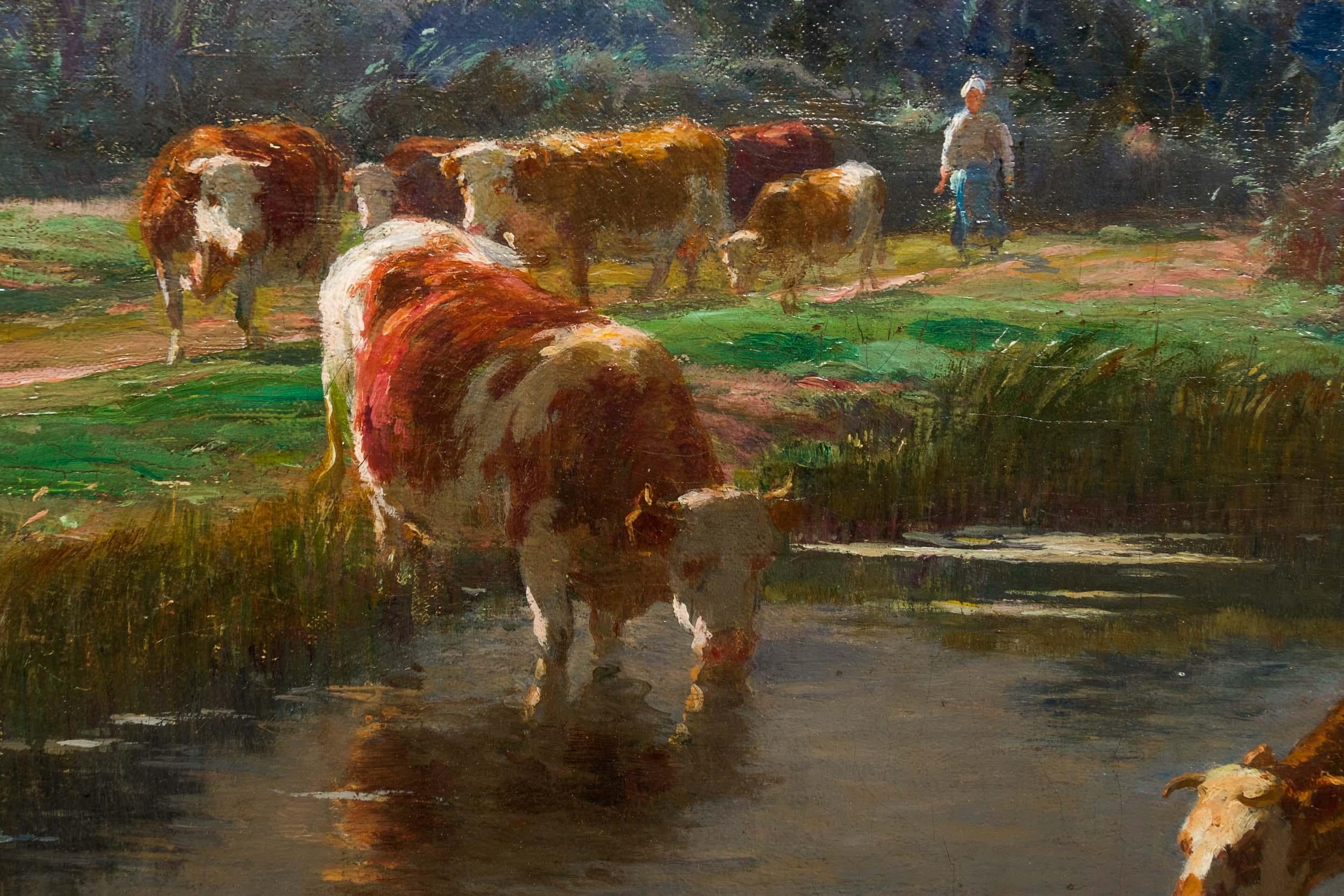 Barbizon Painting of Cows Drinking by Léon Barillot 'French, 1844-1929' 8
