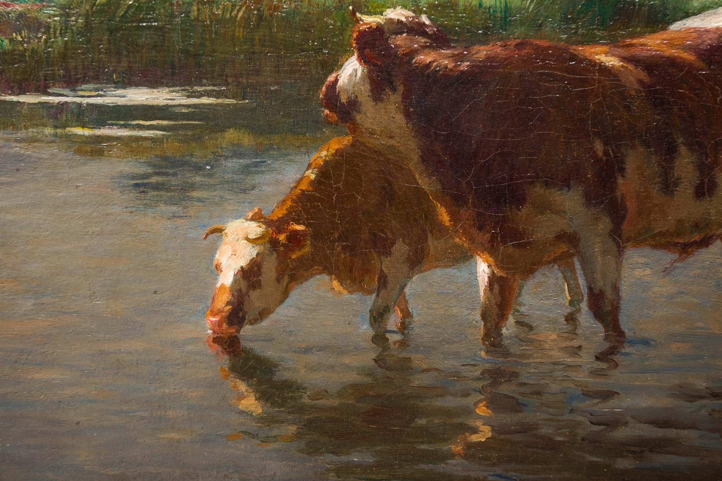 Barbizon Painting of Cows Drinking by Léon Barillot 'French, 1844-1929' 9