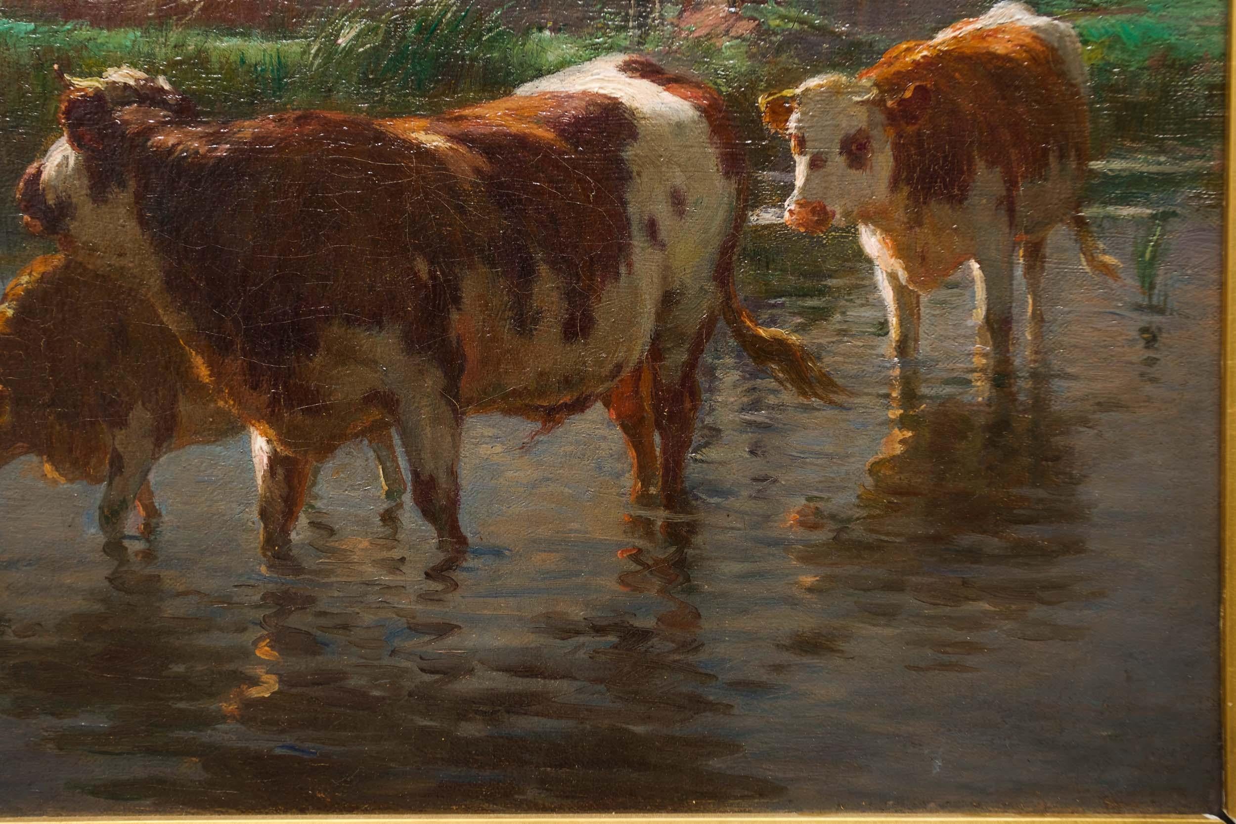 Barbizon Painting of Cows Drinking by Léon Barillot 'French, 1844-1929' 10
