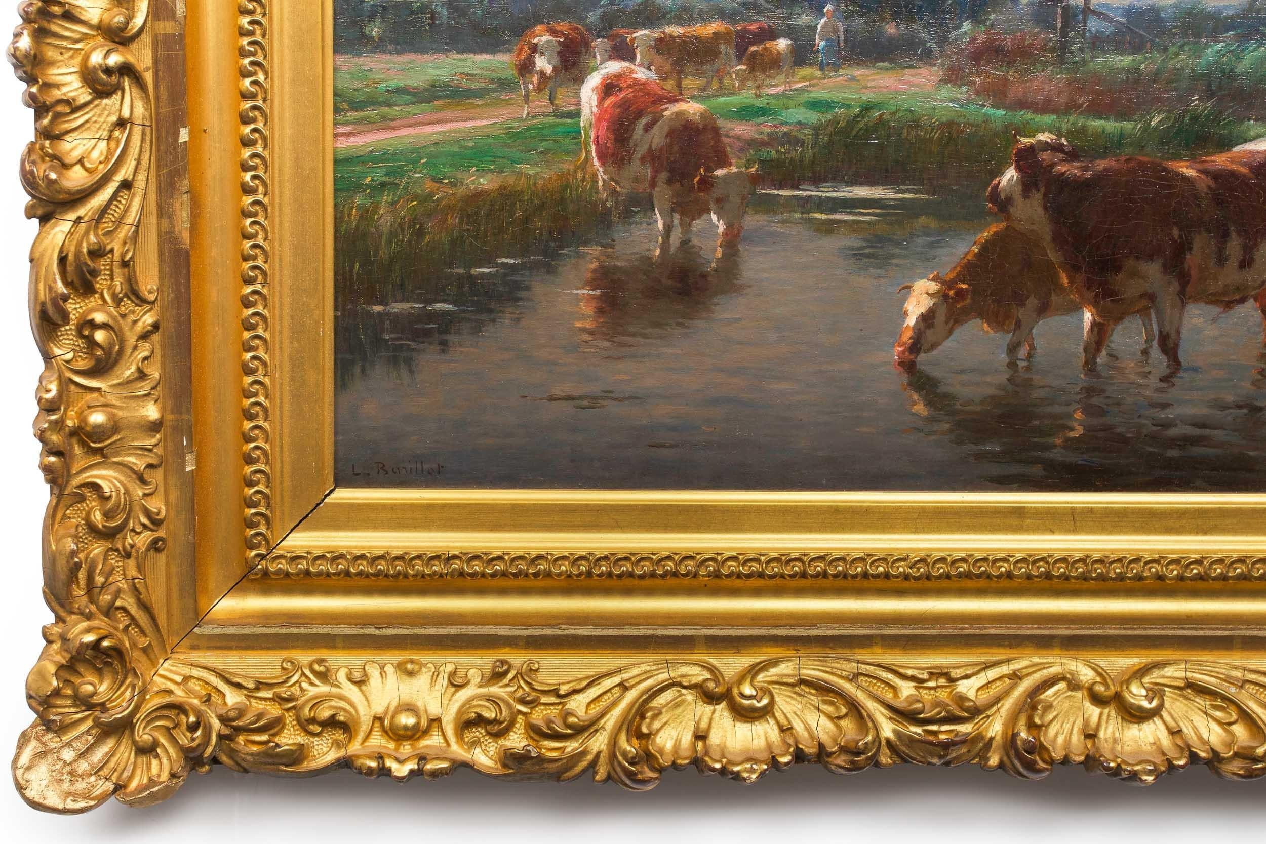 Barbizon Painting of Cows Drinking by Léon Barillot 'French, 1844-1929' 13