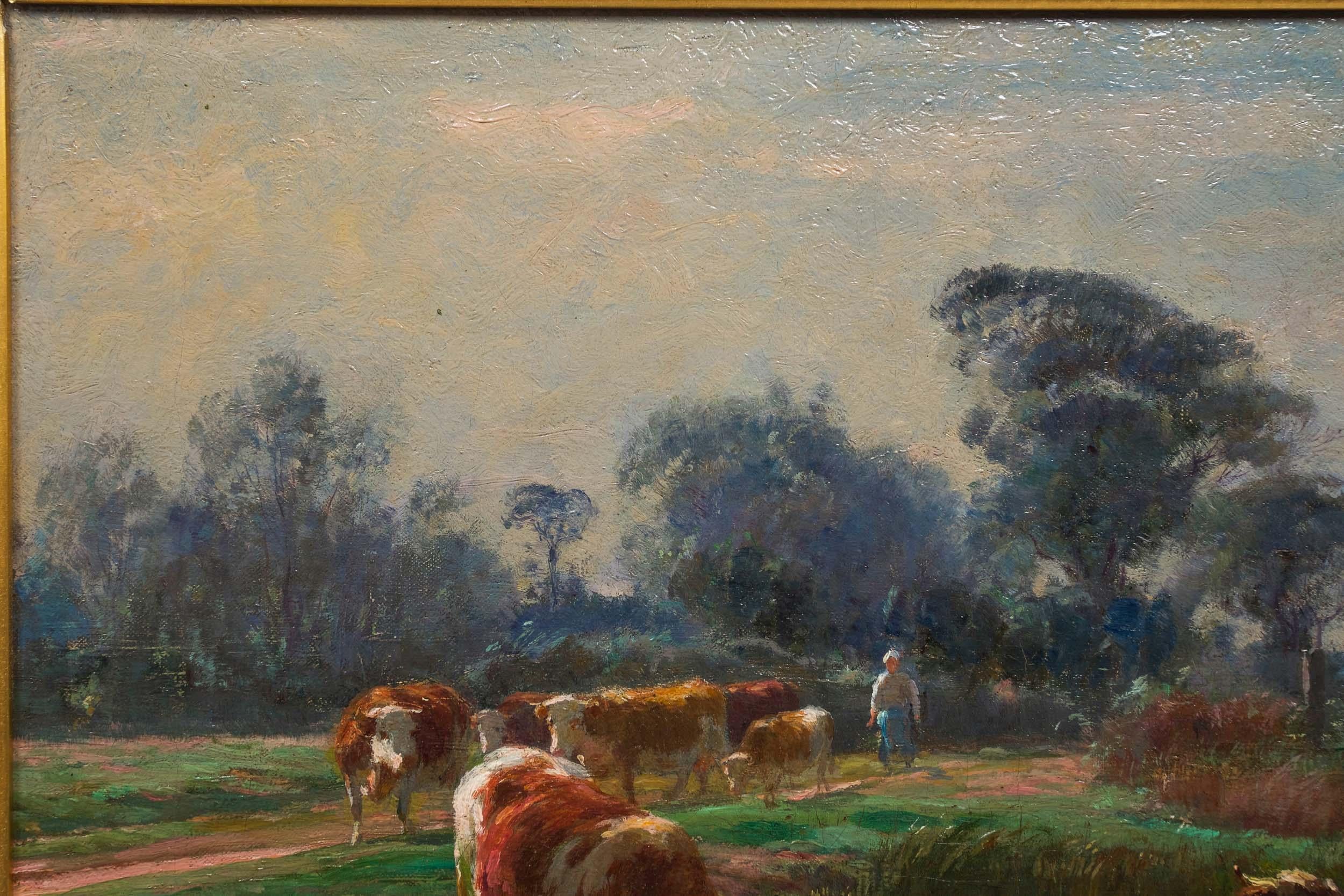 Barbizon School Barbizon Painting of Cows Drinking by Léon Barillot 'French, 1844-1929'