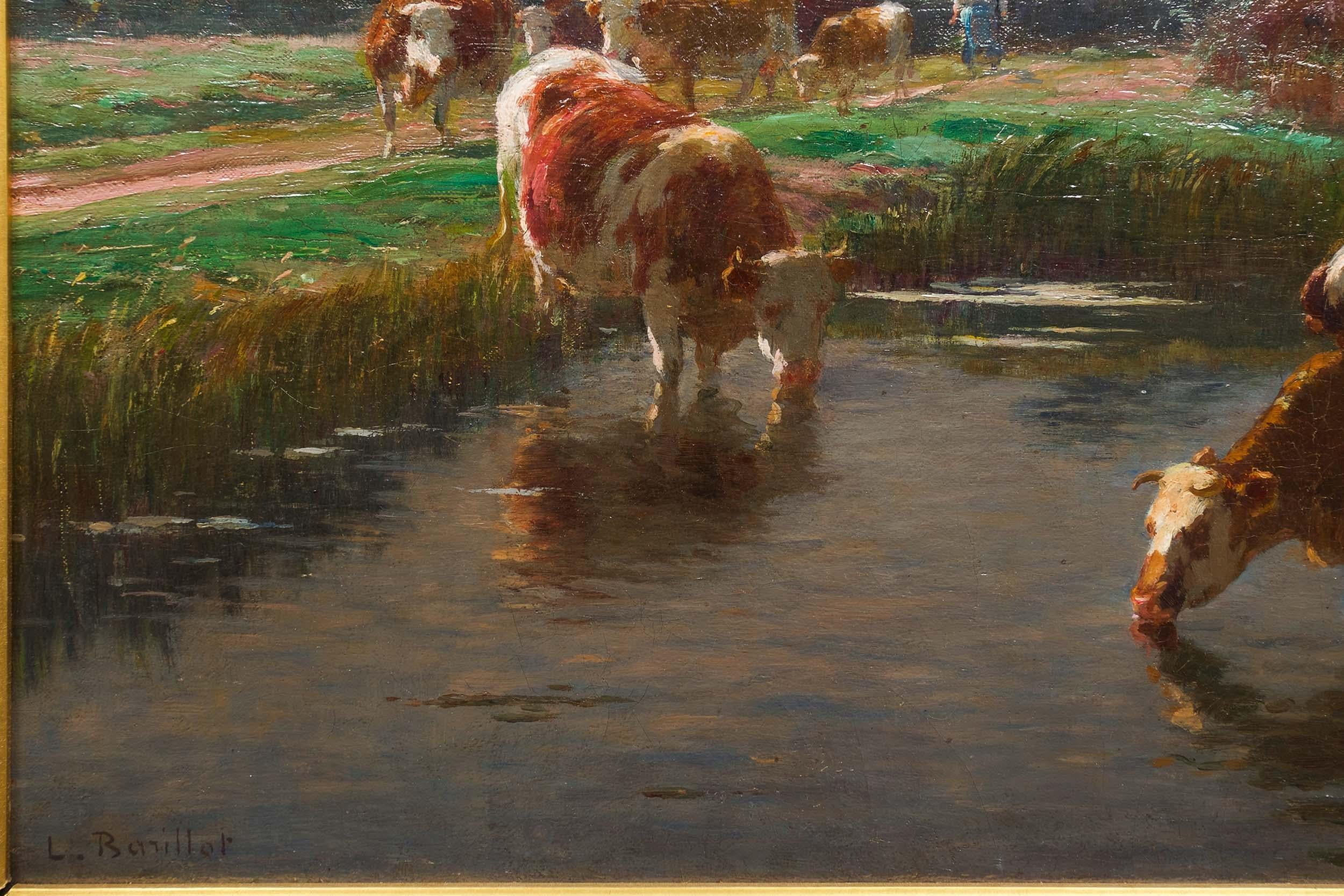 Barbizon Painting of Cows Drinking by Léon Barillot 'French, 1844-1929' In Good Condition In Shippensburg, PA