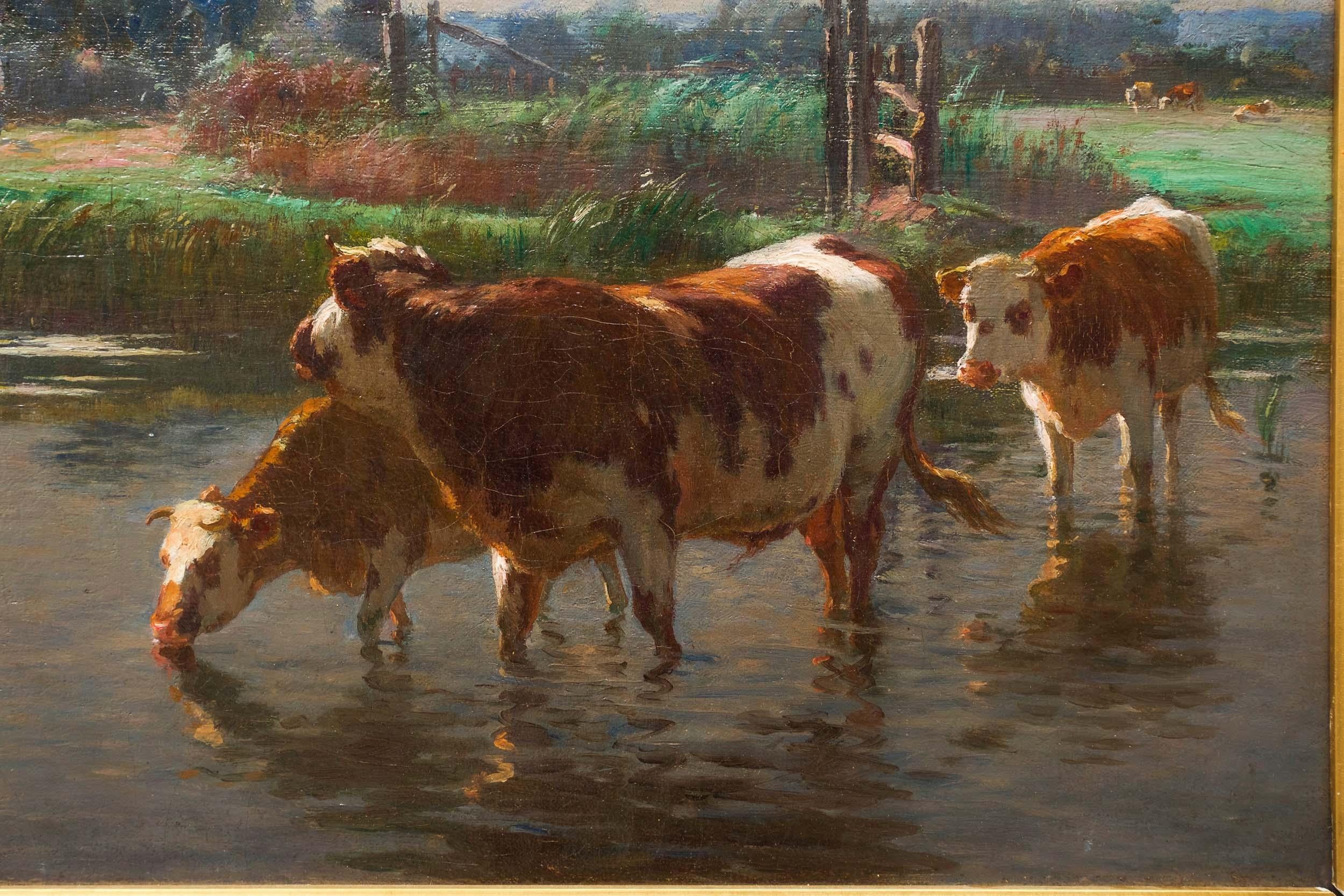 19th Century Barbizon Painting of Cows Drinking by Léon Barillot 'French, 1844-1929'