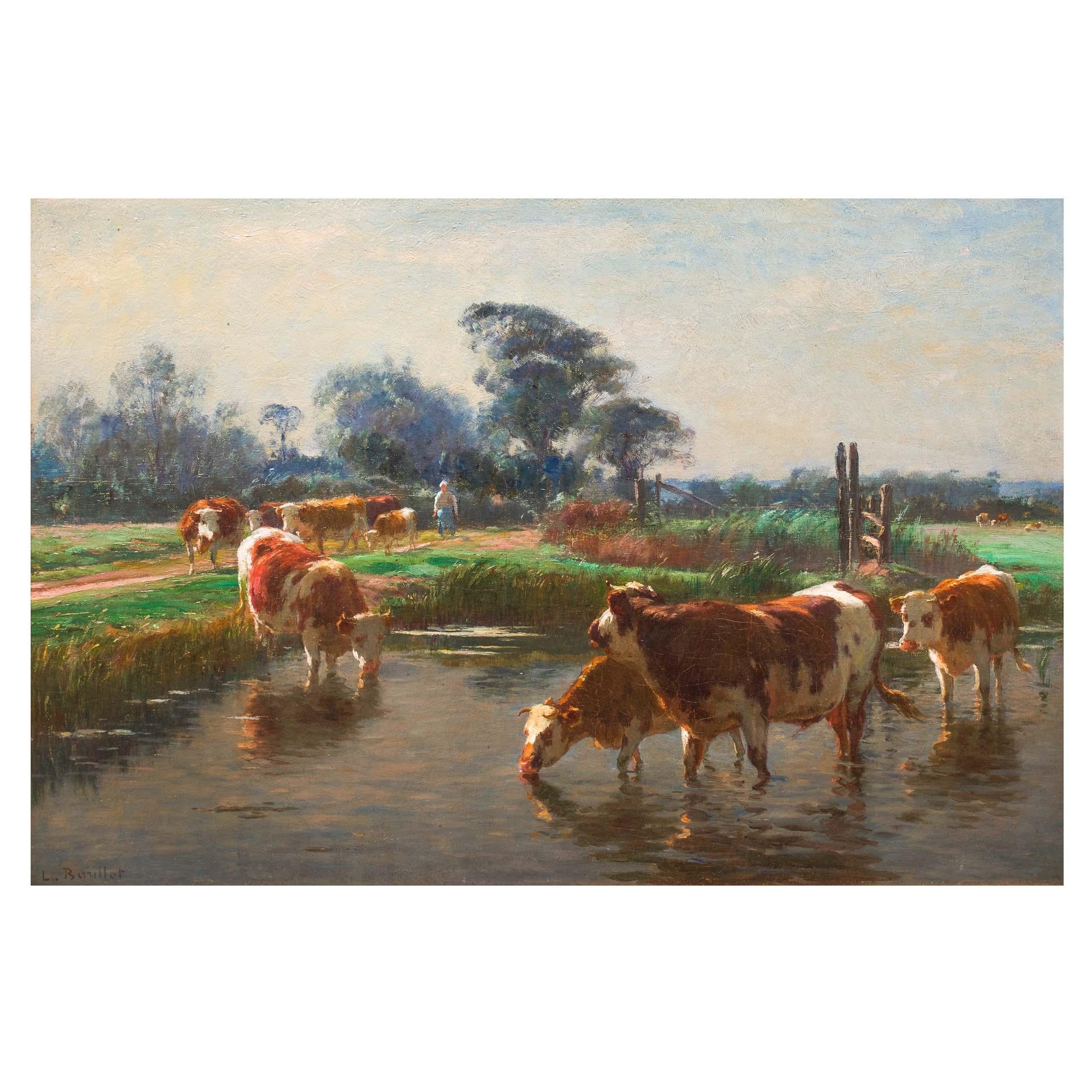 Barbizon Painting of Cows Drinking by Léon Barillot 'French, 1844-1929'