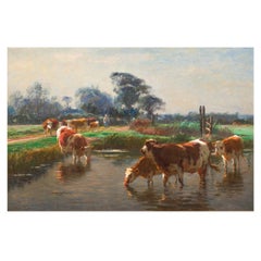 Barbizon Painting of Cows Drinking by Léon Barillot 'French, 1844-1929'