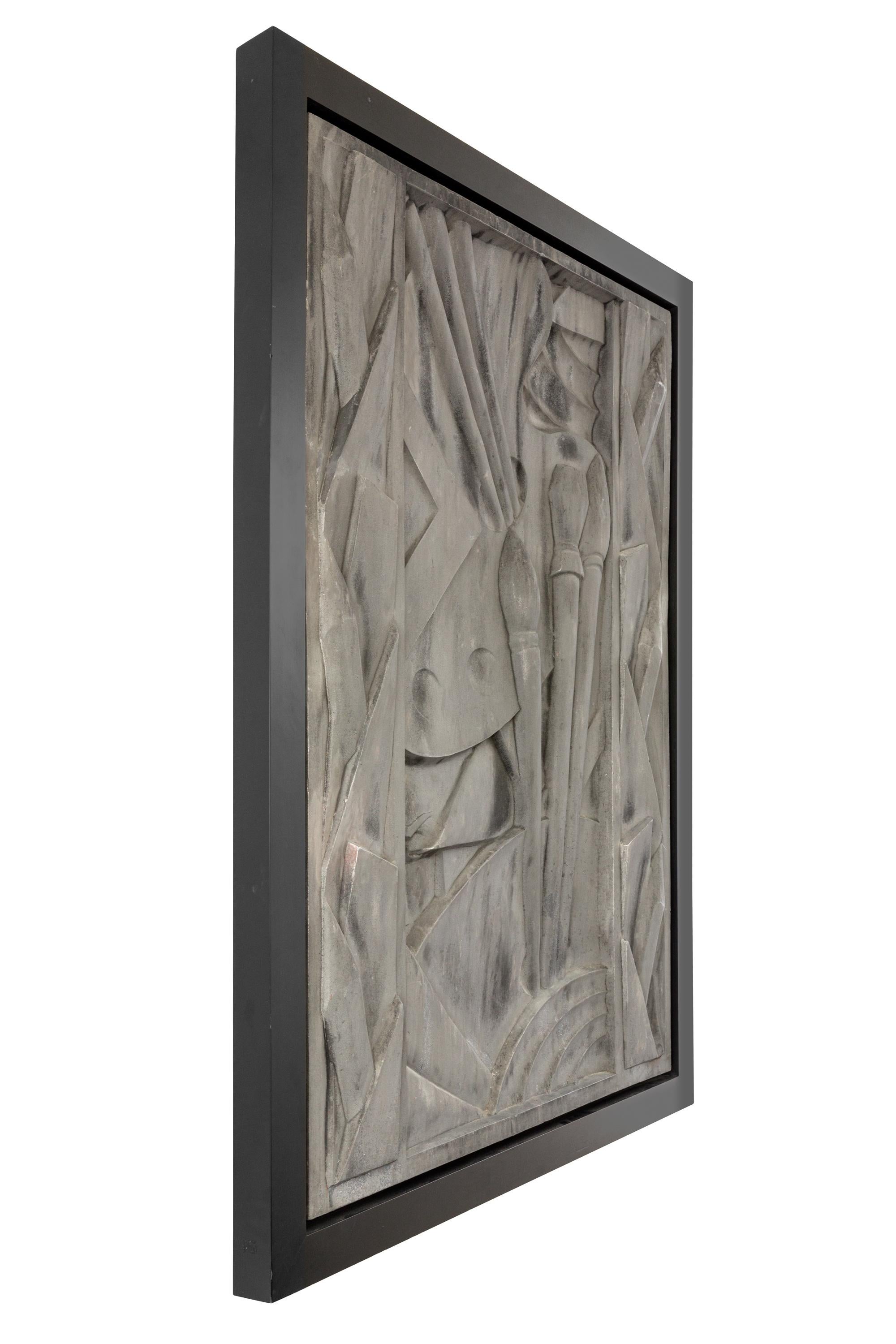 Cast aluminum relief depicting an artist's palette, brushes, pencils and charcoal sticks. Conceived to appeal to artists and musicians, the Barbizon Plaza was noted as the first music and art residence center in the United States. The list of