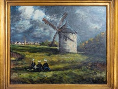 Barbizon School Oil Painting, Windmill Scene, France, 1800s
