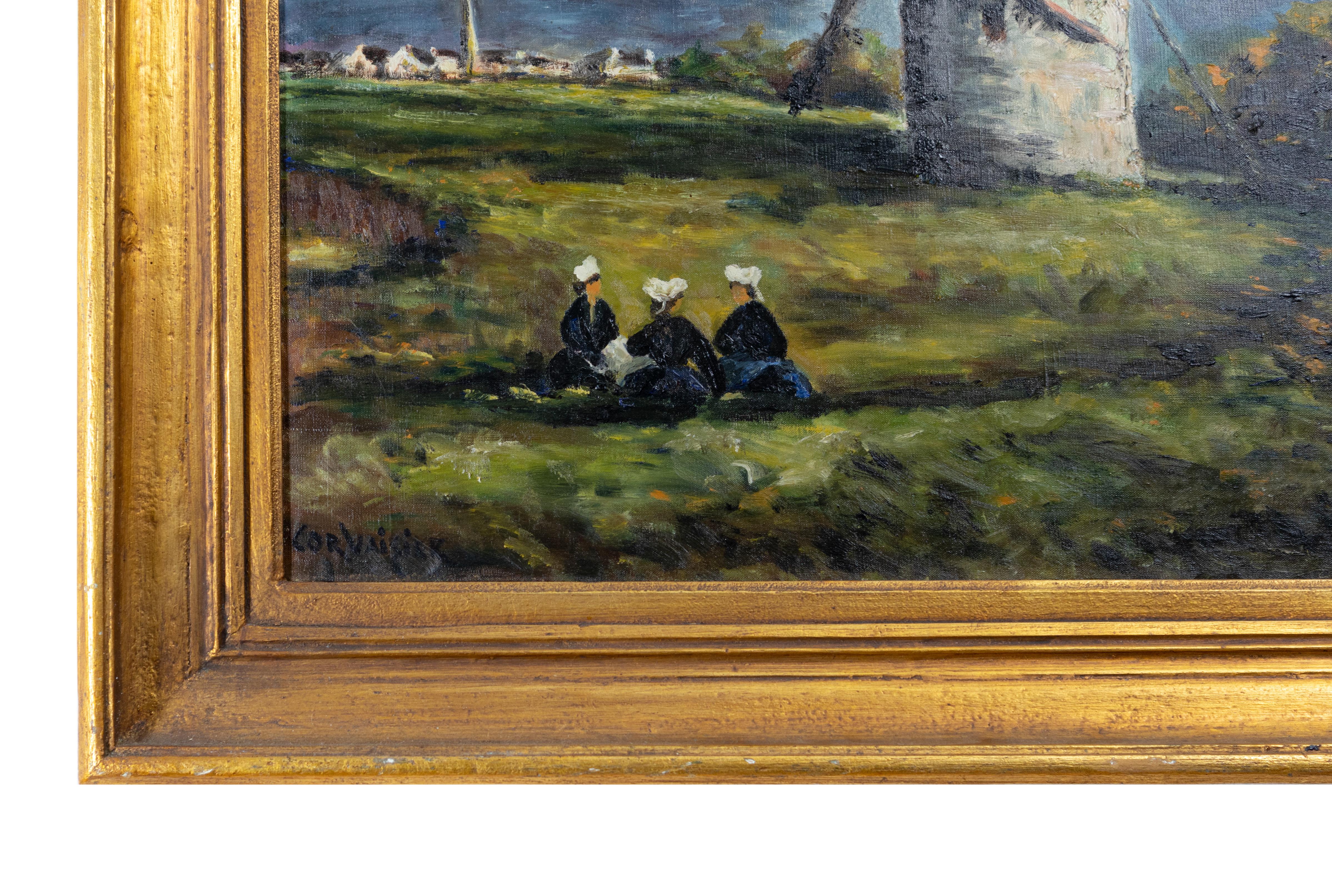 Óleo de la Escuela de Barbizon, Escena de molino de viento, Francia, 1800 Francés en venta