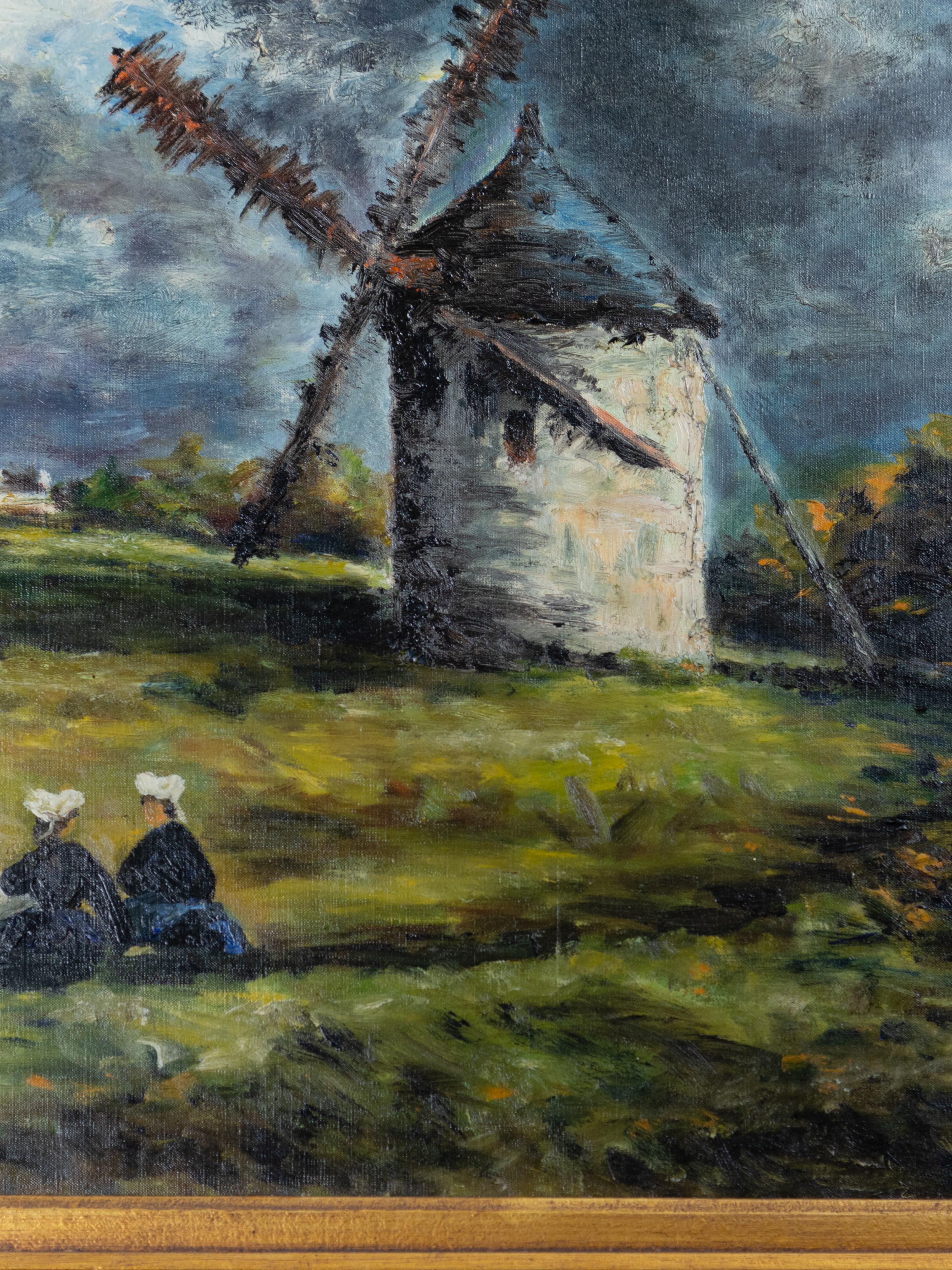 Ölgemälde der Schule von Barbizon, Windmühlenszene, Frankreich, 1800er Jahre (Französisch) im Angebot