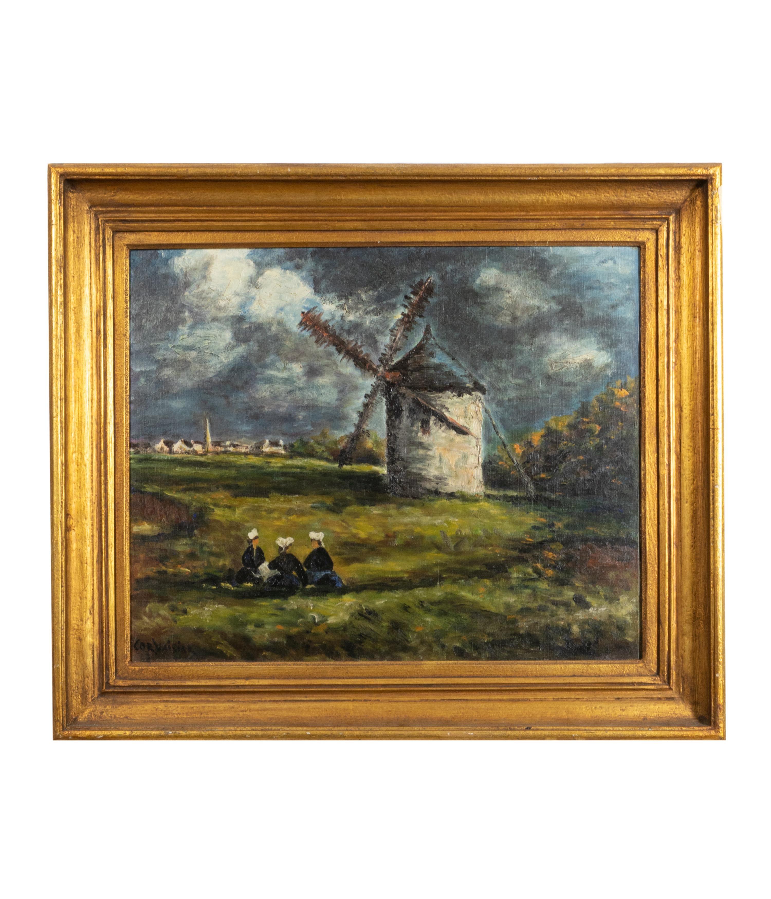 Óleo de la Escuela de Barbizon, Escena de molino de viento, Francia, 1800 Aceitado en venta