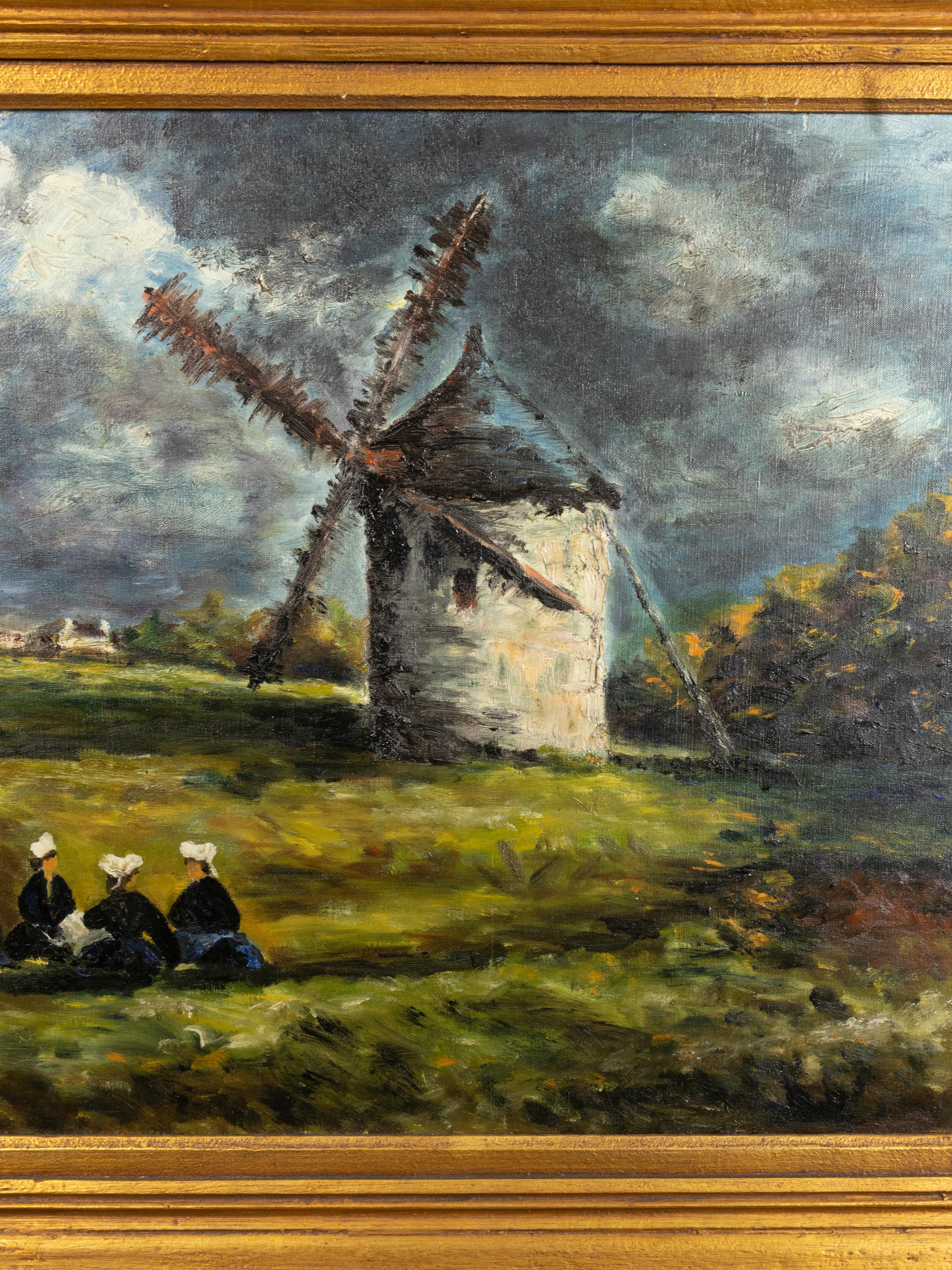 Ölgemälde der Schule von Barbizon, Windmühlenszene, Frankreich, 1800er Jahre (Leinwand) im Angebot