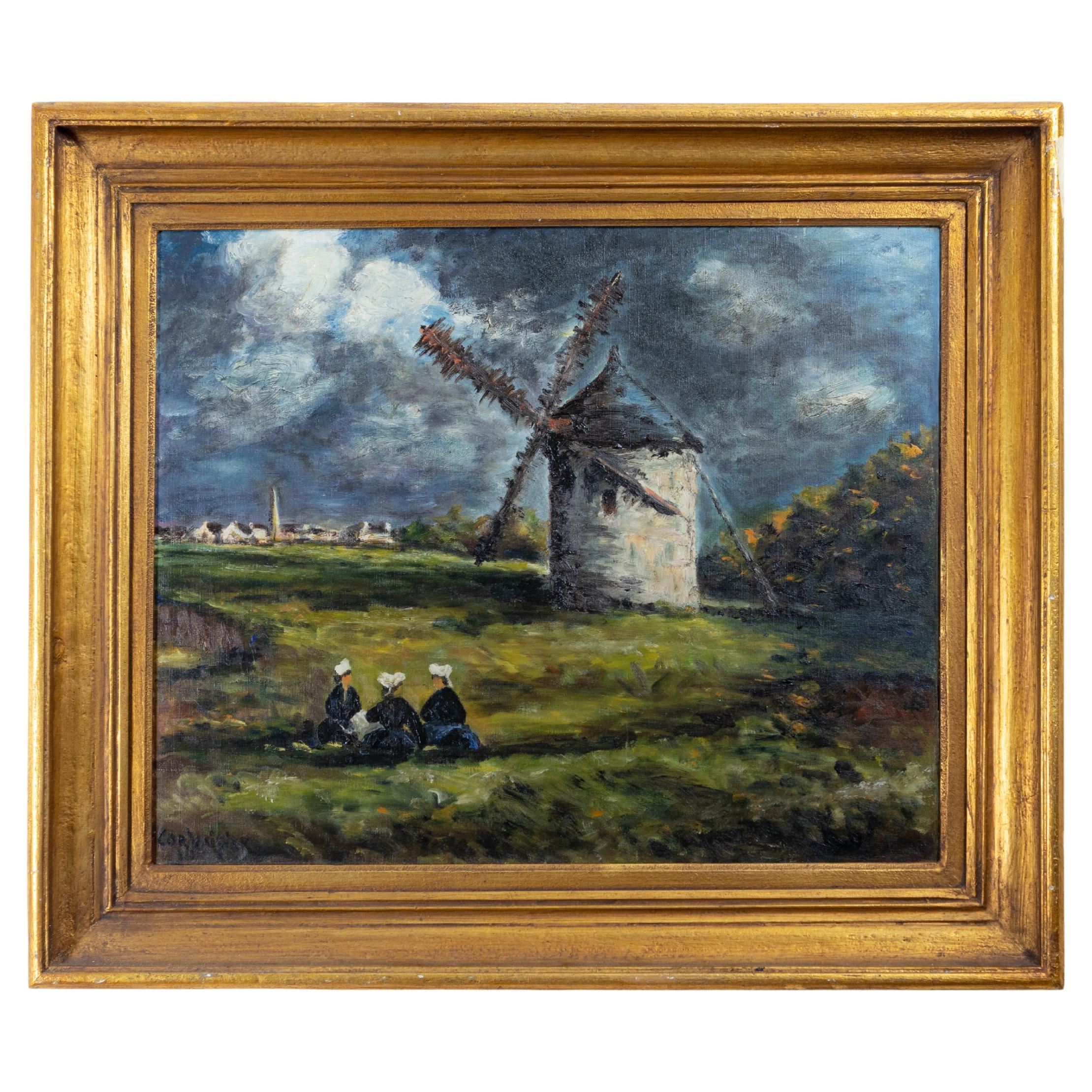 Ölgemälde der Schule von Barbizon, Windmühlenszene, Frankreich, 1800er Jahre