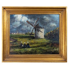 Ölgemälde der Schule von Barbizon, Windmühlenszene, Frankreich, 1800er Jahre