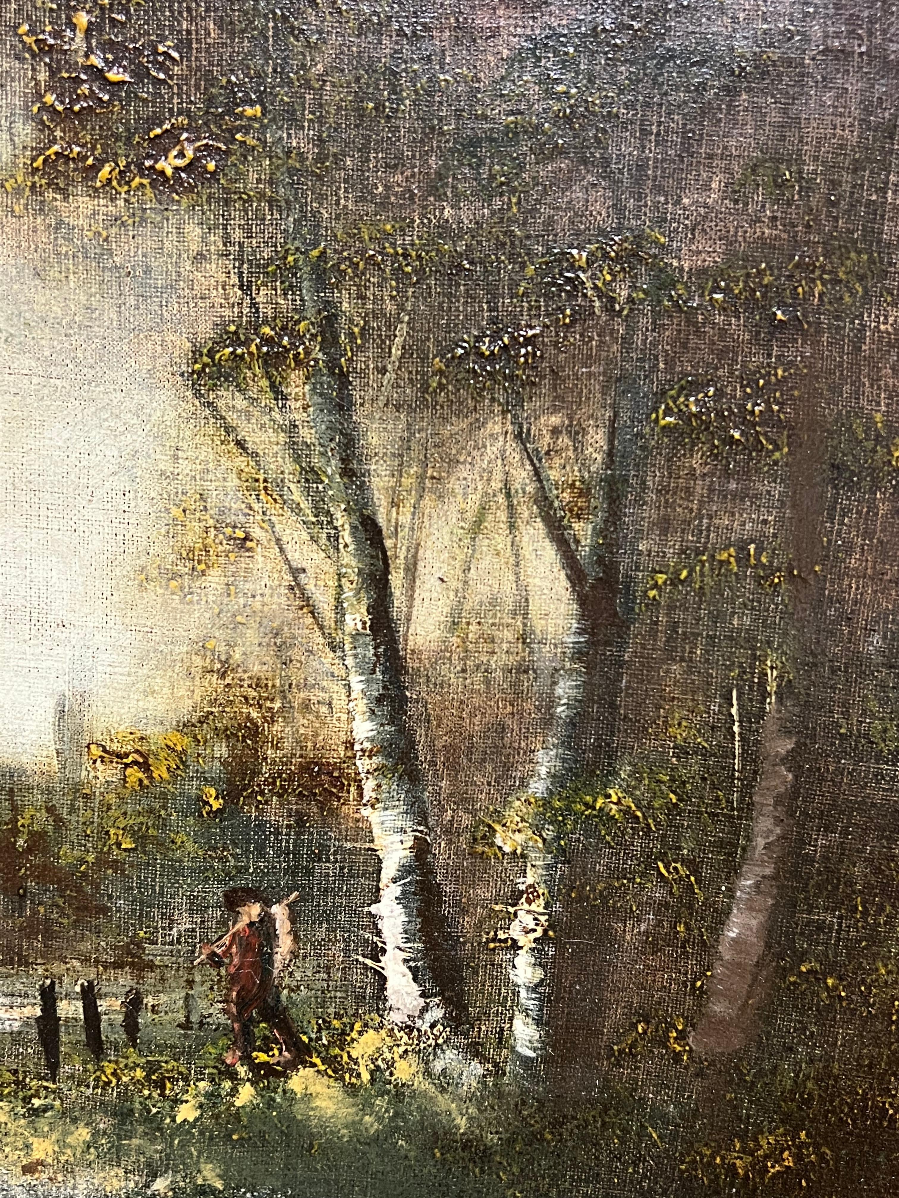 Paesaggio boschivo francese del XIX secolo con figura fluviale Pittura ad olio antica - Painting Scuola di Barbizon di Barbizon School