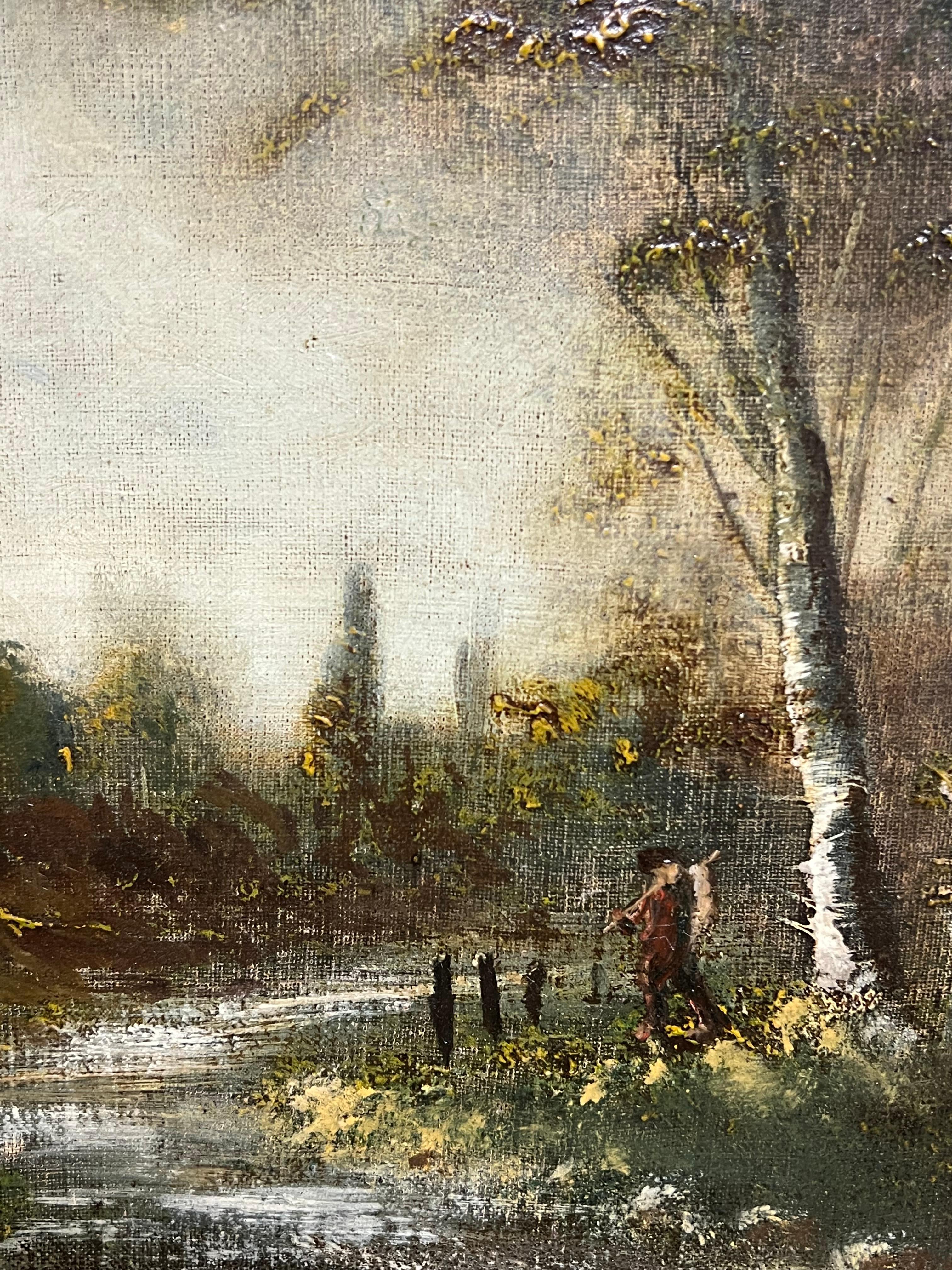 Paesaggio boschivo francese del XIX secolo con figura fluviale Pittura ad olio antica - Figurative Painting Grigio di Barbizon School