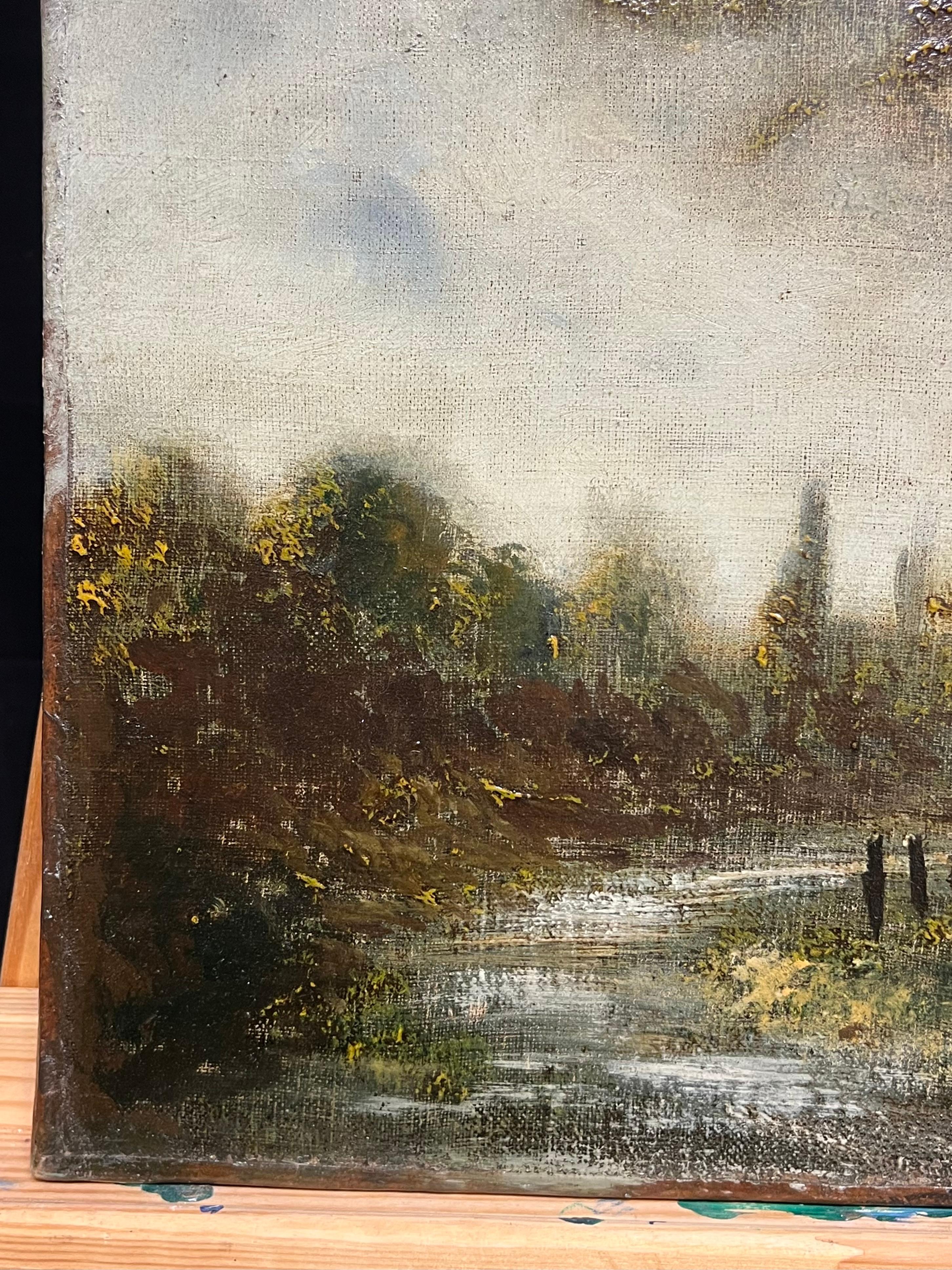 Paesaggio boschivo francese del XIX secolo con figura fluviale Pittura ad olio antica in vendita 1