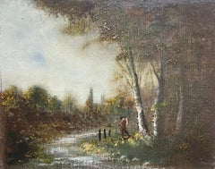 19th Century French Woodland Landscape with River Figure Antique Oil Painting