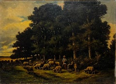 Antique French Barbizon Oil Painting Shepherd with Sheep Wooded Landscape