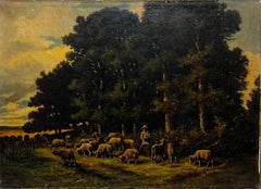Ancienne peinture à l'huile française de Barbizon représentant un berger sur un paysage en bois de moutons