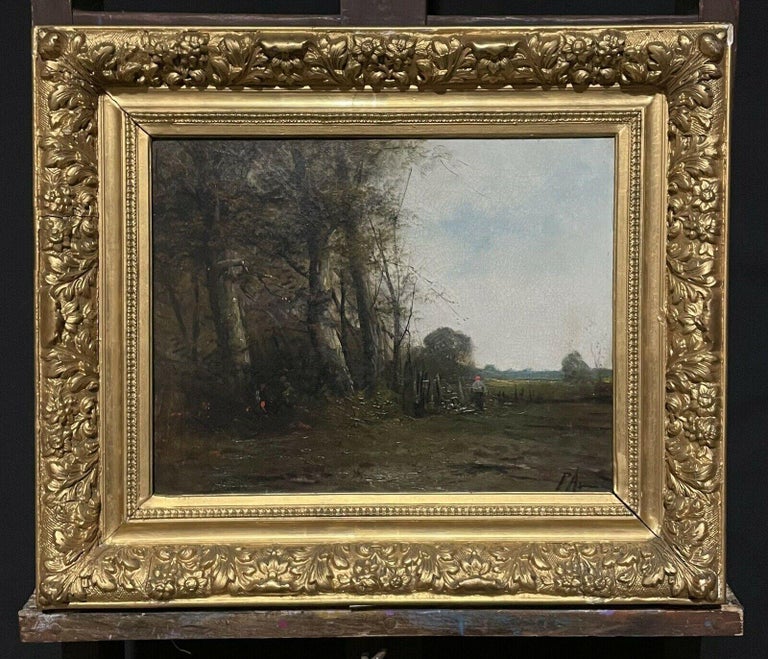 Antique French Barbizon School Oil Painting, Figure in Wooded Landscape at Dusk For Sale 1
