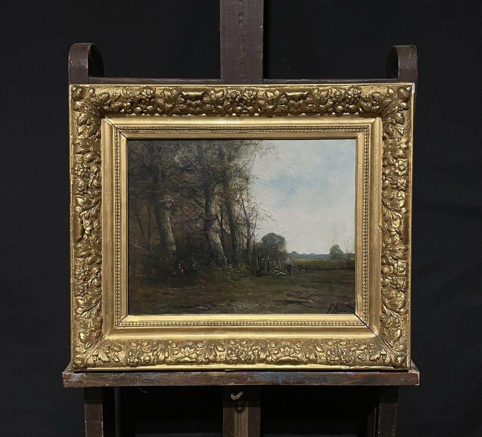 Antique French Barbizon School Oil Painting, Figure in Wooded Landscape at Dusk 1