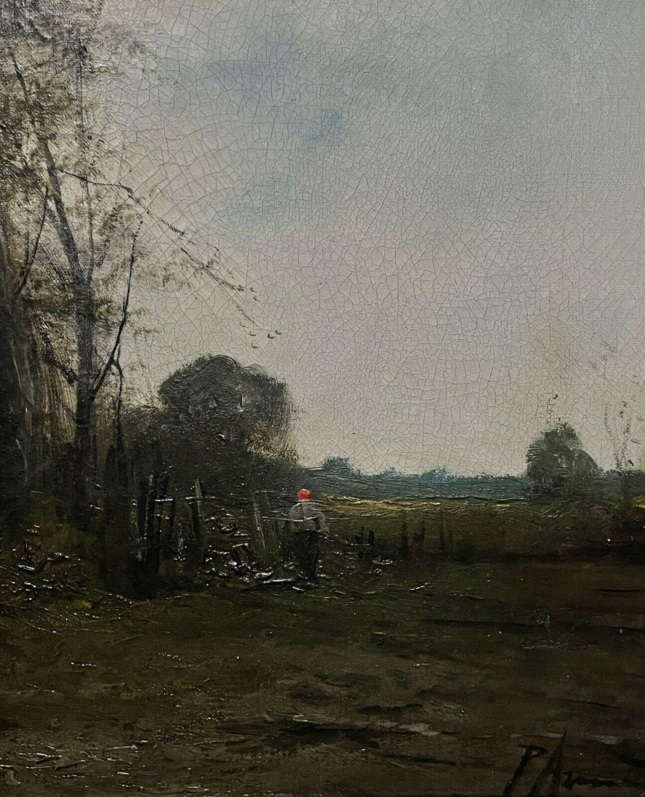 Antique French Barbizon School Oil Painting, Figure in Wooded Landscape at Dusk 2