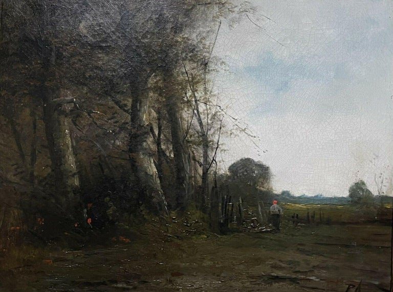 Artist/ School: Barbizon School, late 19th century

Title: Gathering Firewood at Dusk

Medium:  signed oil painting on canvas, original Barbizon gilt frame

framed:   19.5  x  23 inches
canvas:   13 x 16 inches

Provenance: private collection,