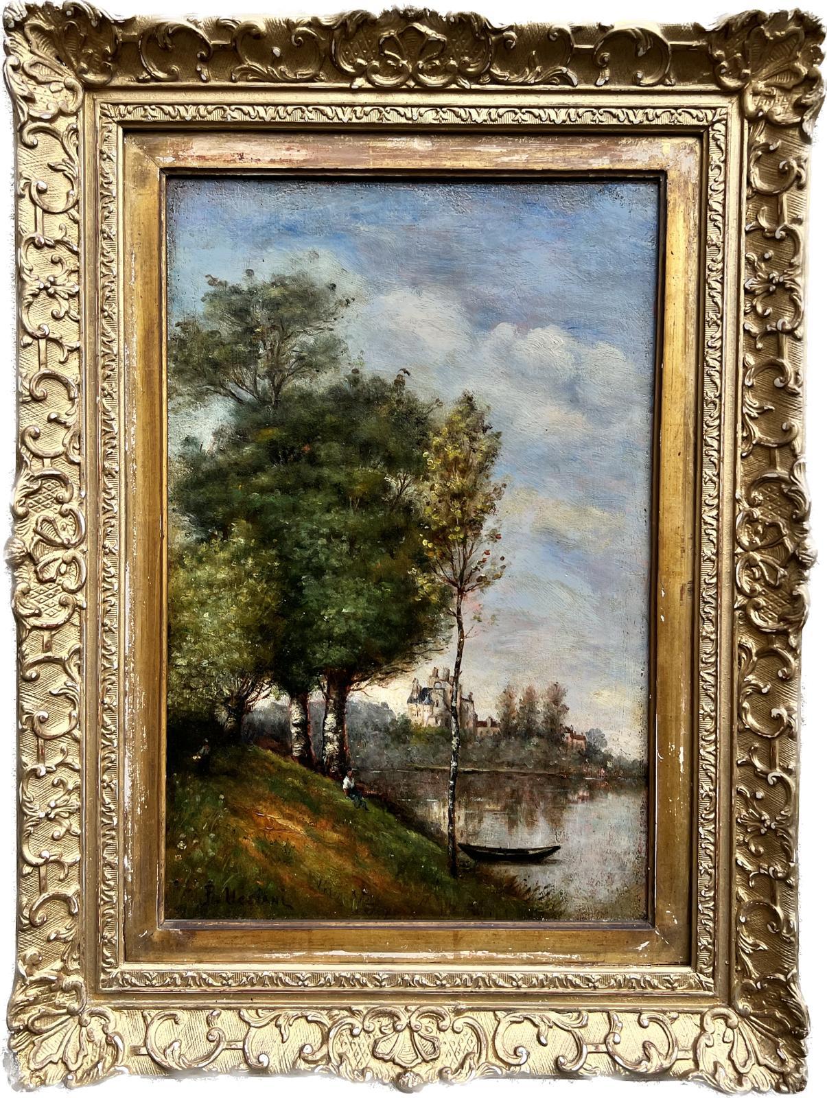 Antique French Barbizon Pintura al óleo firmada Figura en barca Paisaje fluvial - Painting de Barbizon School