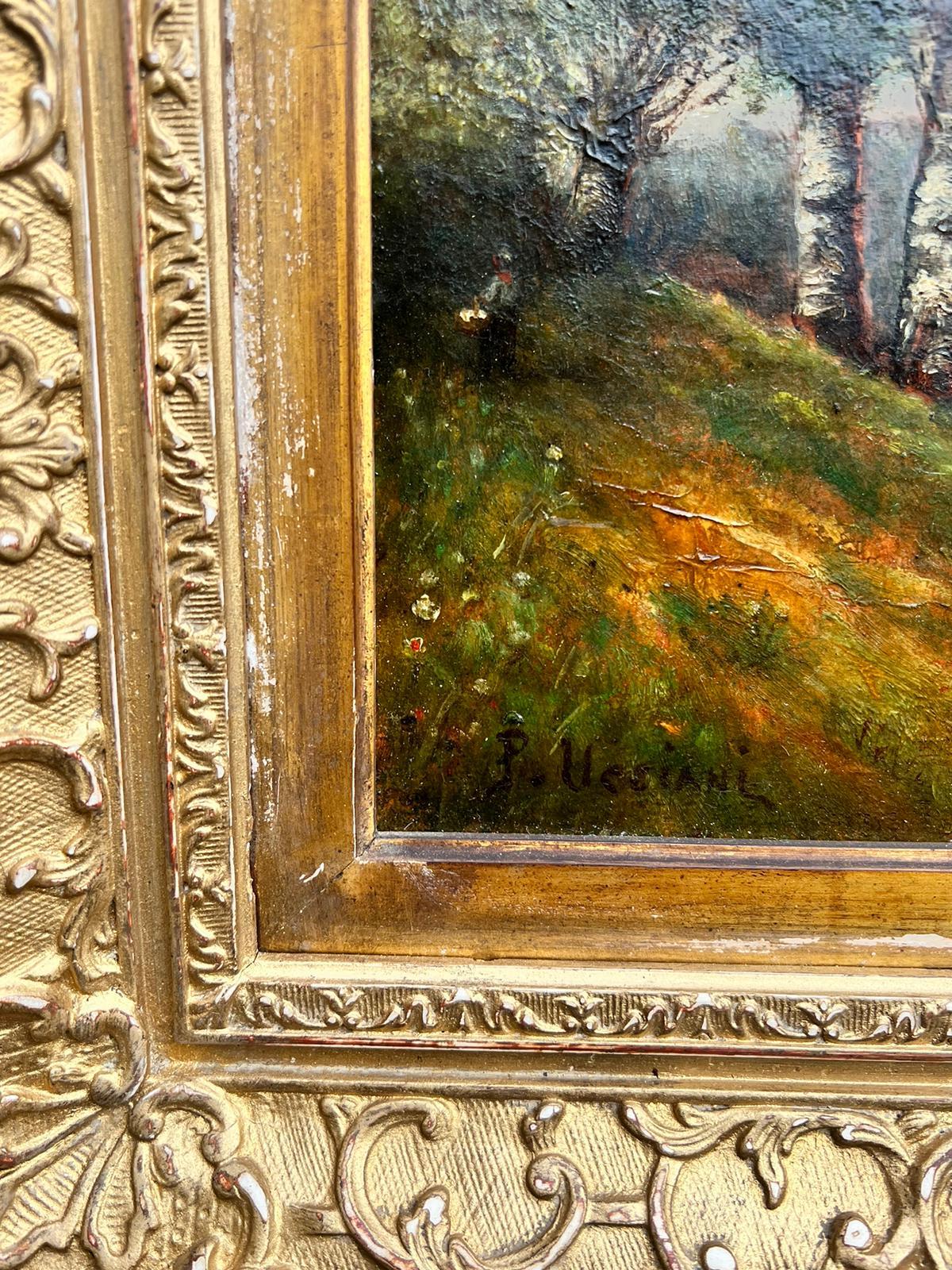 Antique French Barbizon Pintura al óleo firmada Figura en barca Paisaje fluvial - Painting Escuela de Barbizon de Barbizon School
