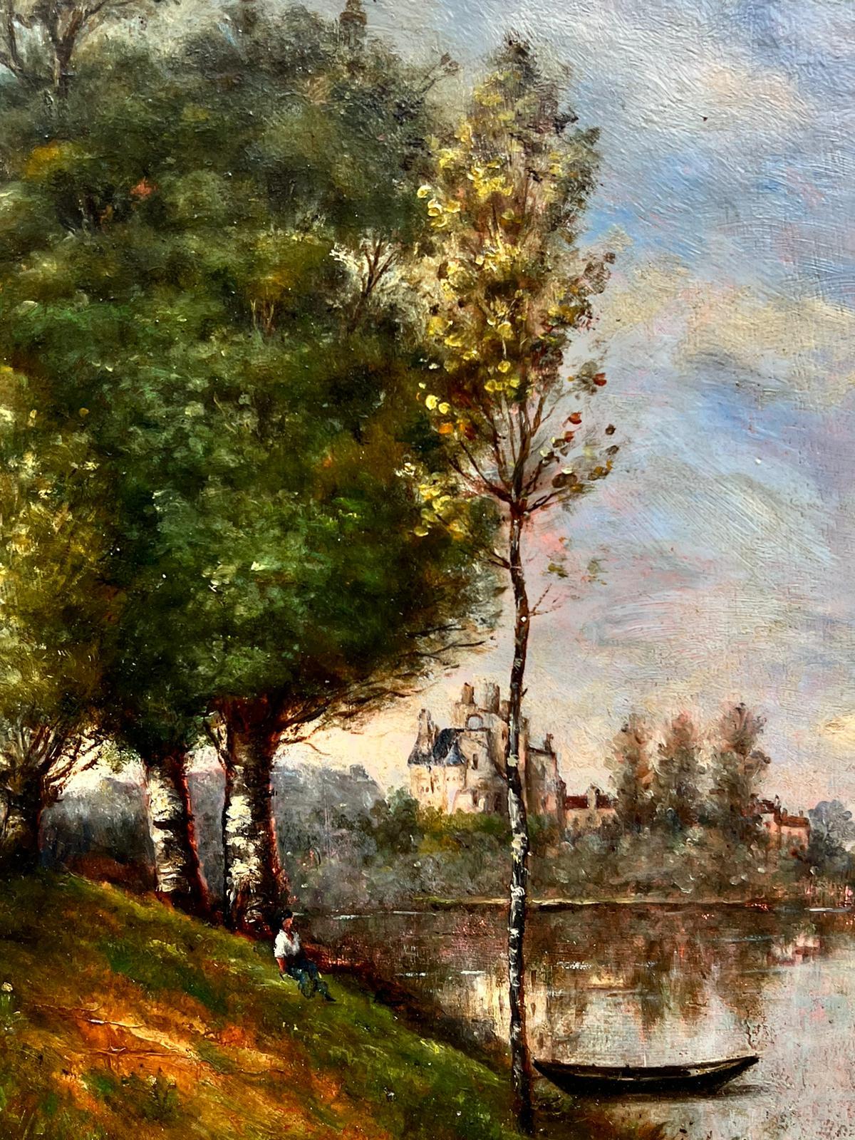 Ancienne peinture à l'huile française de Barbizon, signée, représentant un paysage de rivière avec des bateaux